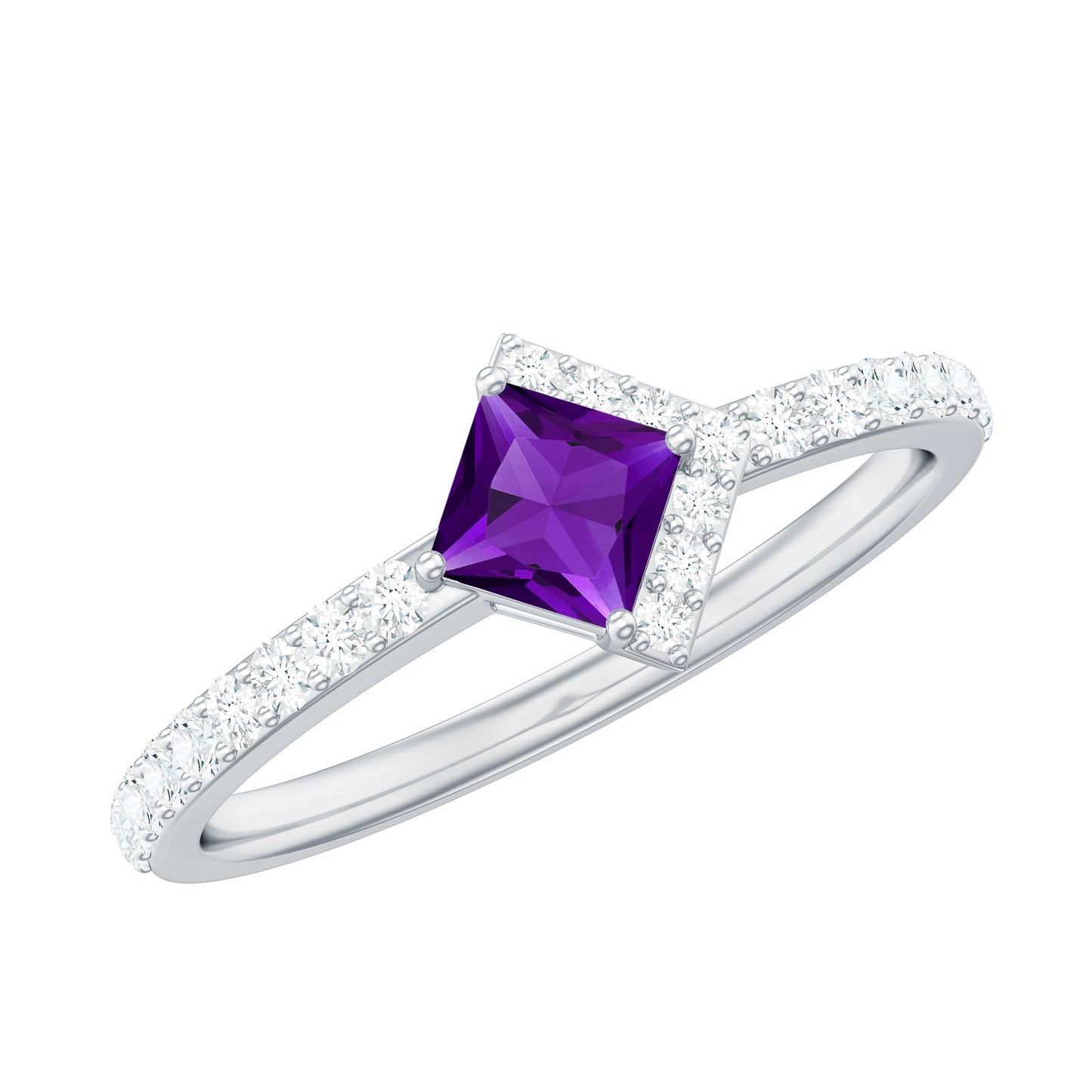 Certified Real 1.2 Carat Amethyst Princess Cut Engagement Ring with Diamond
