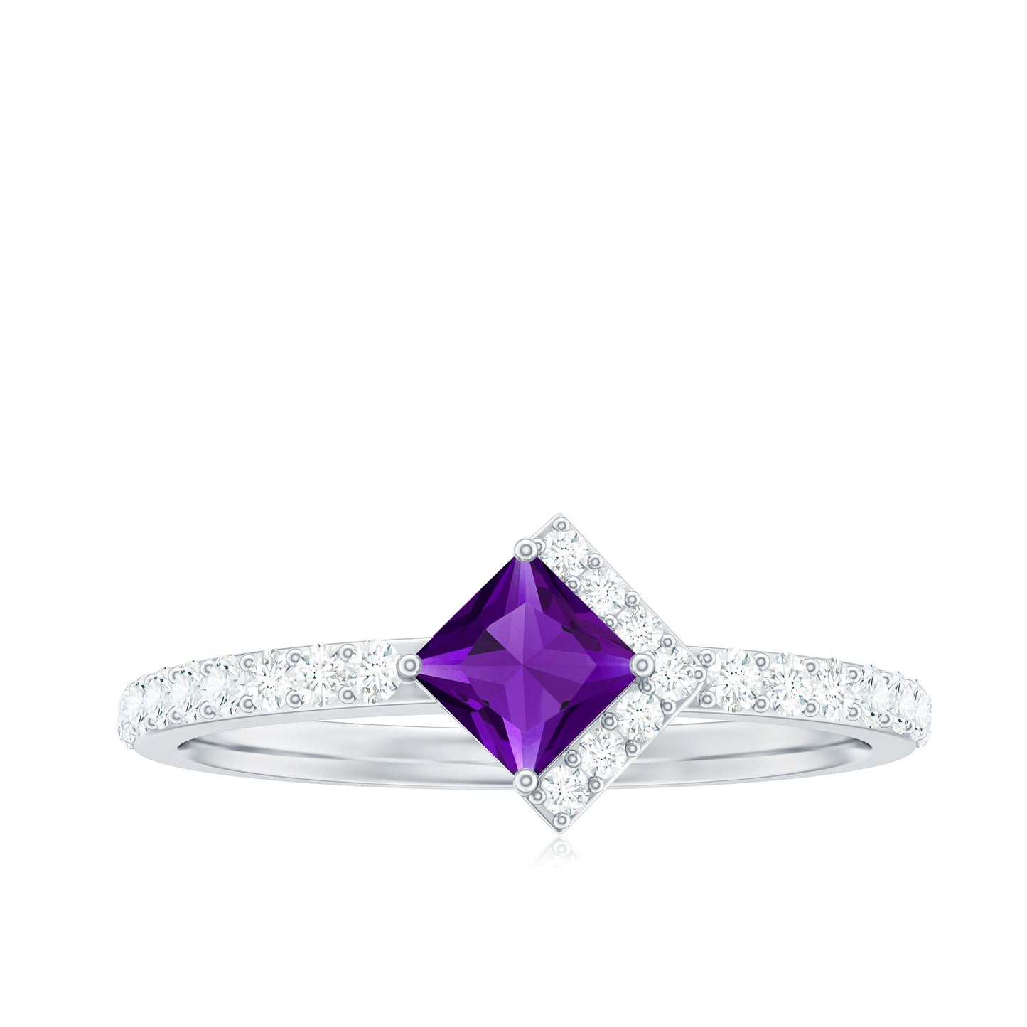 Certified Real 1.2 Carat Amethyst Princess Cut Engagement Ring with Diamond