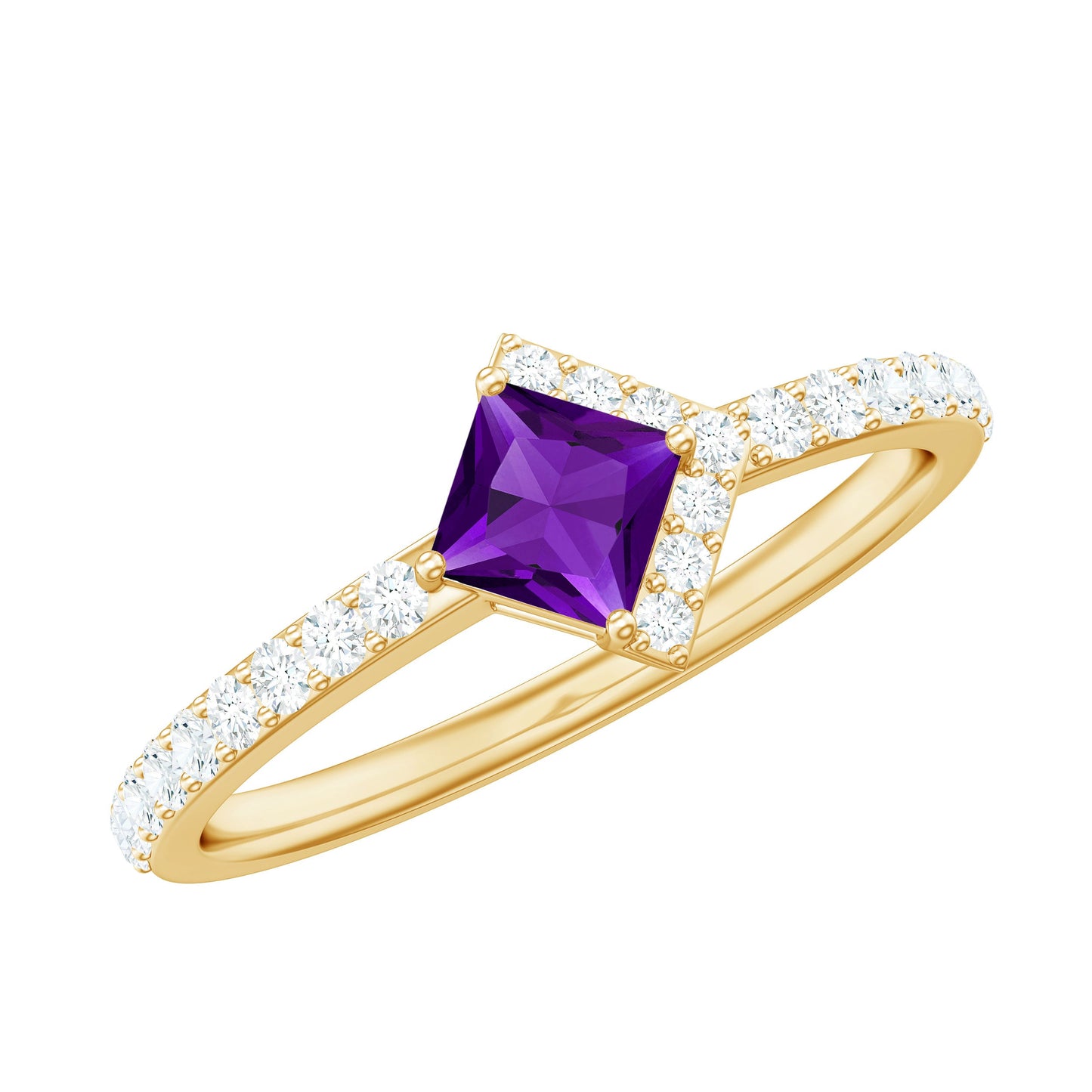 Certified Real 1.2 Carat Amethyst Princess Cut Engagement Ring with Diamond