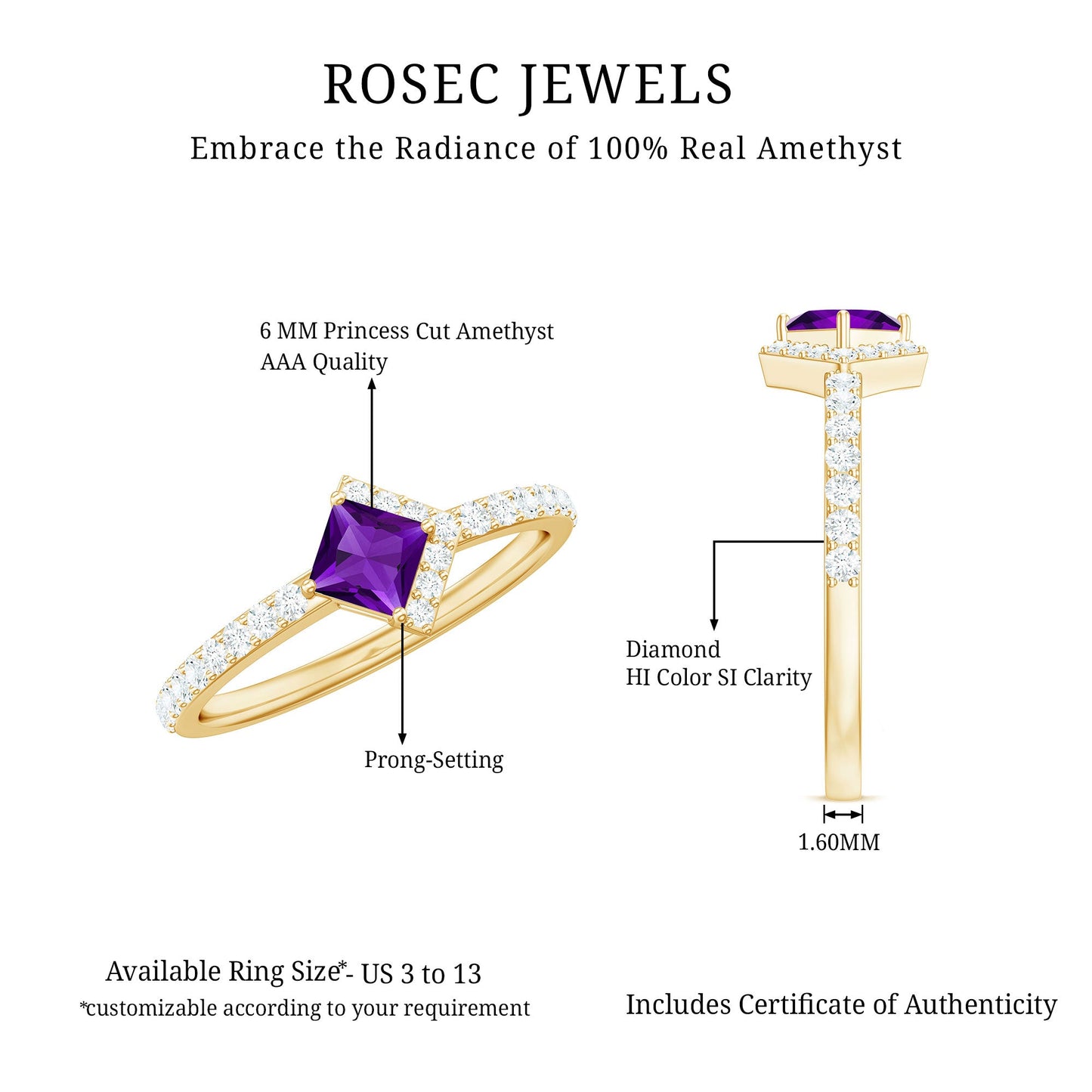 Certified Real 1.2 Carat Amethyst Princess Cut Engagement Ring with Diamond