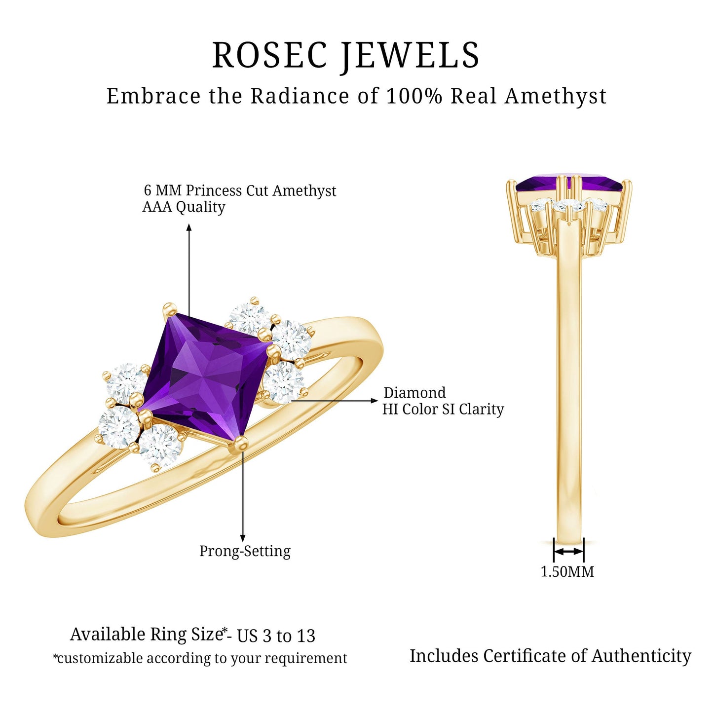 Princess Cut Amethyst Promise Ring with Diamond Trio