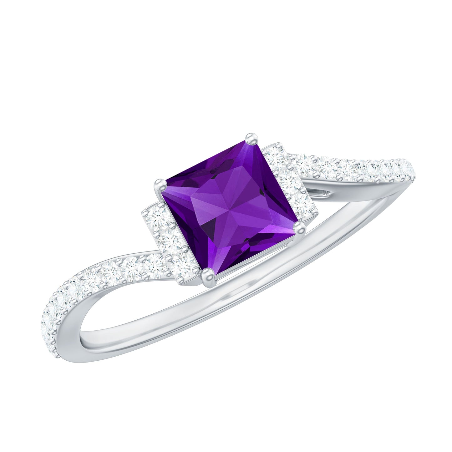 Real 1.2 Carat Amethyst Princess Cut Engagement Ring with Diamond Bypass Shank