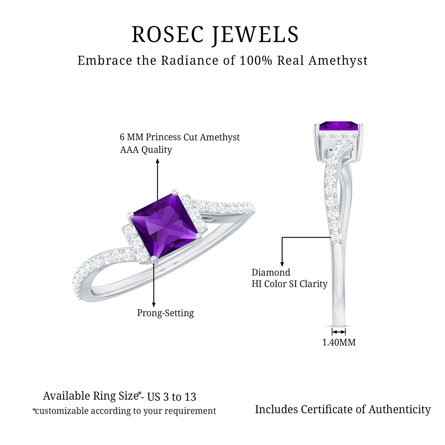 Real 1.2 Carat Amethyst Princess Cut Engagement Ring with Diamond Bypass Shank