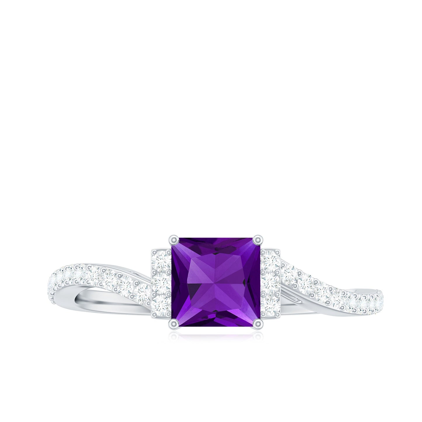 Real 1.2 Carat Amethyst Princess Cut Engagement Ring with Diamond Bypass Shank