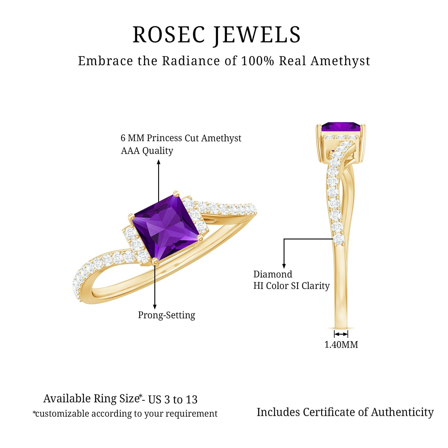 Real 1.2 Carat Amethyst Princess Cut Engagement Ring with Diamond Bypass Shank