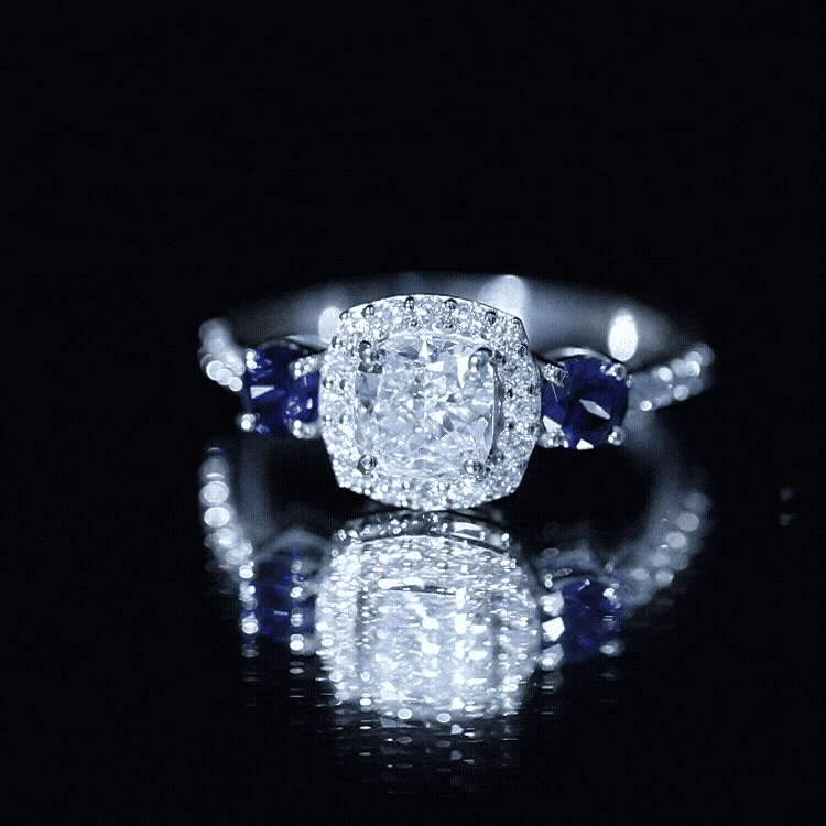 Certified 1.7 Carat Cushion Cut Lab Grown Diamond Engagement Ring with Blue Sapphire