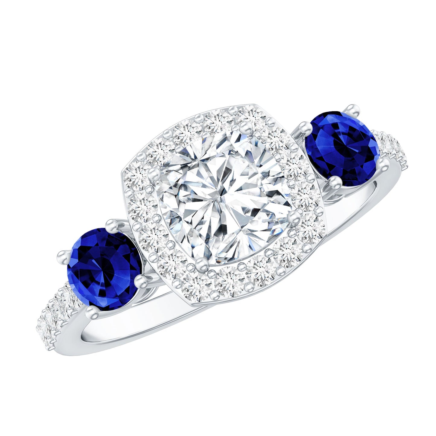 Certified 1.7 Carat Cushion Cut Lab Grown Diamond Engagement Ring with Blue Sapphire