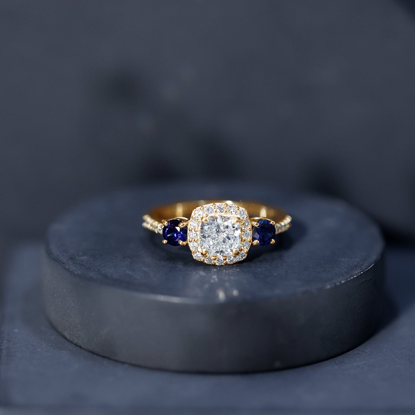 Certified 1.7 Carat Cushion Cut Lab Grown Diamond Engagement Ring with Blue Sapphire