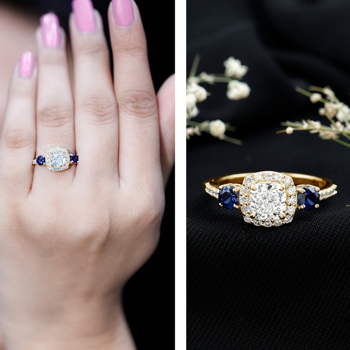Certified 1.7 Carat Cushion Cut Lab Grown Diamond Engagement Ring with Blue Sapphire