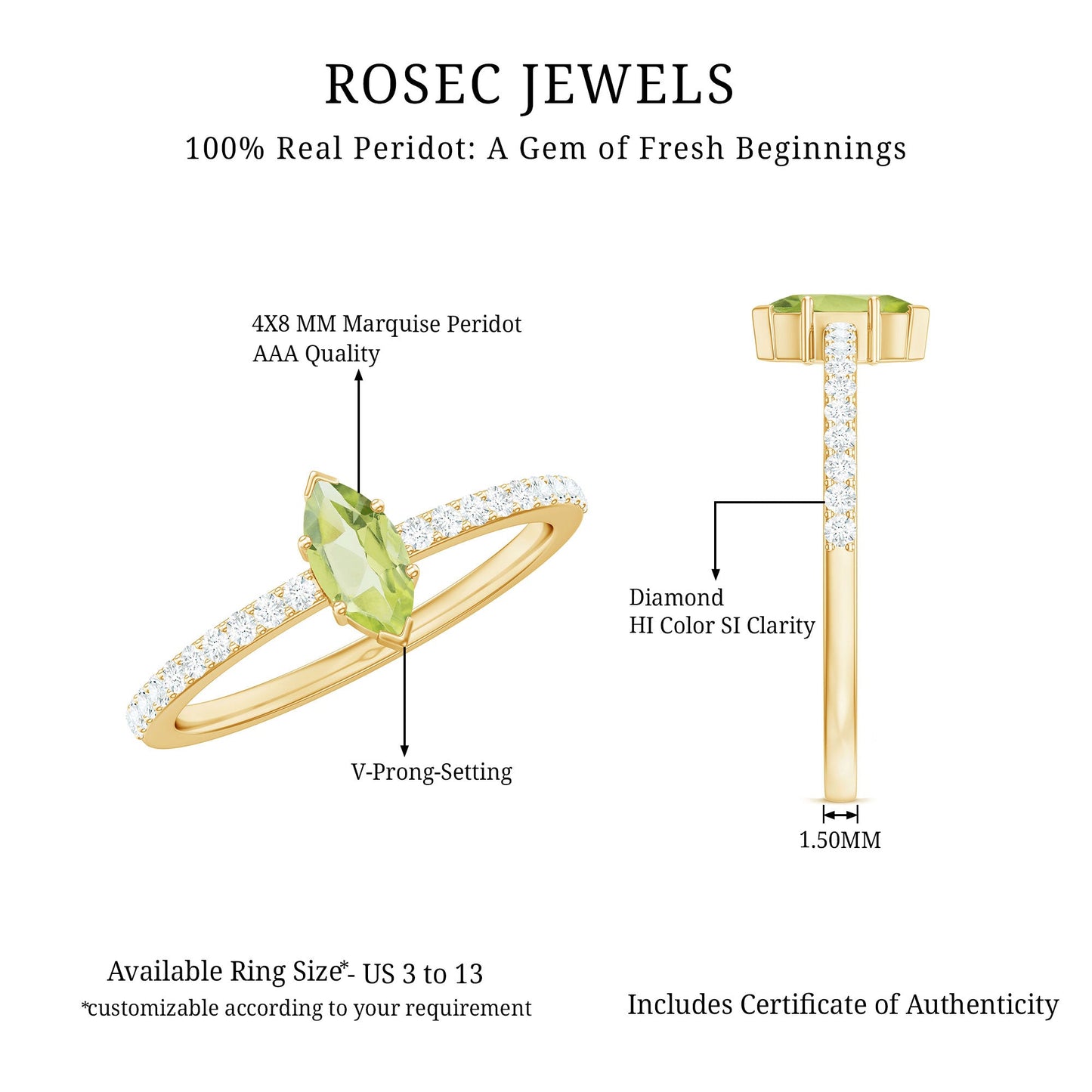 Genuine 0.7 Carat Marquise Peridot Promise Ring with Diamond