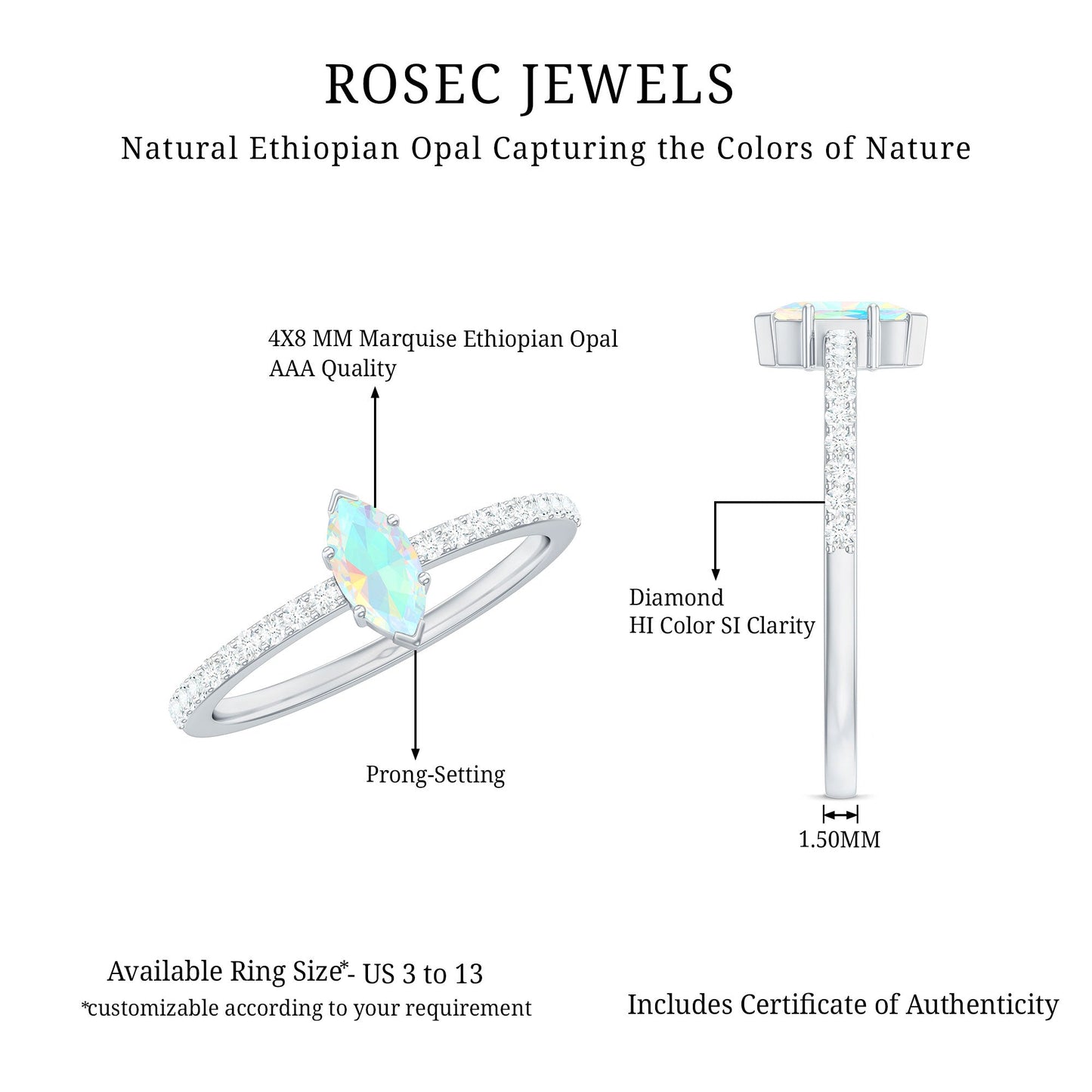 Certified Real Marquise Ethiopian Opal Promise Ring with Diamond
