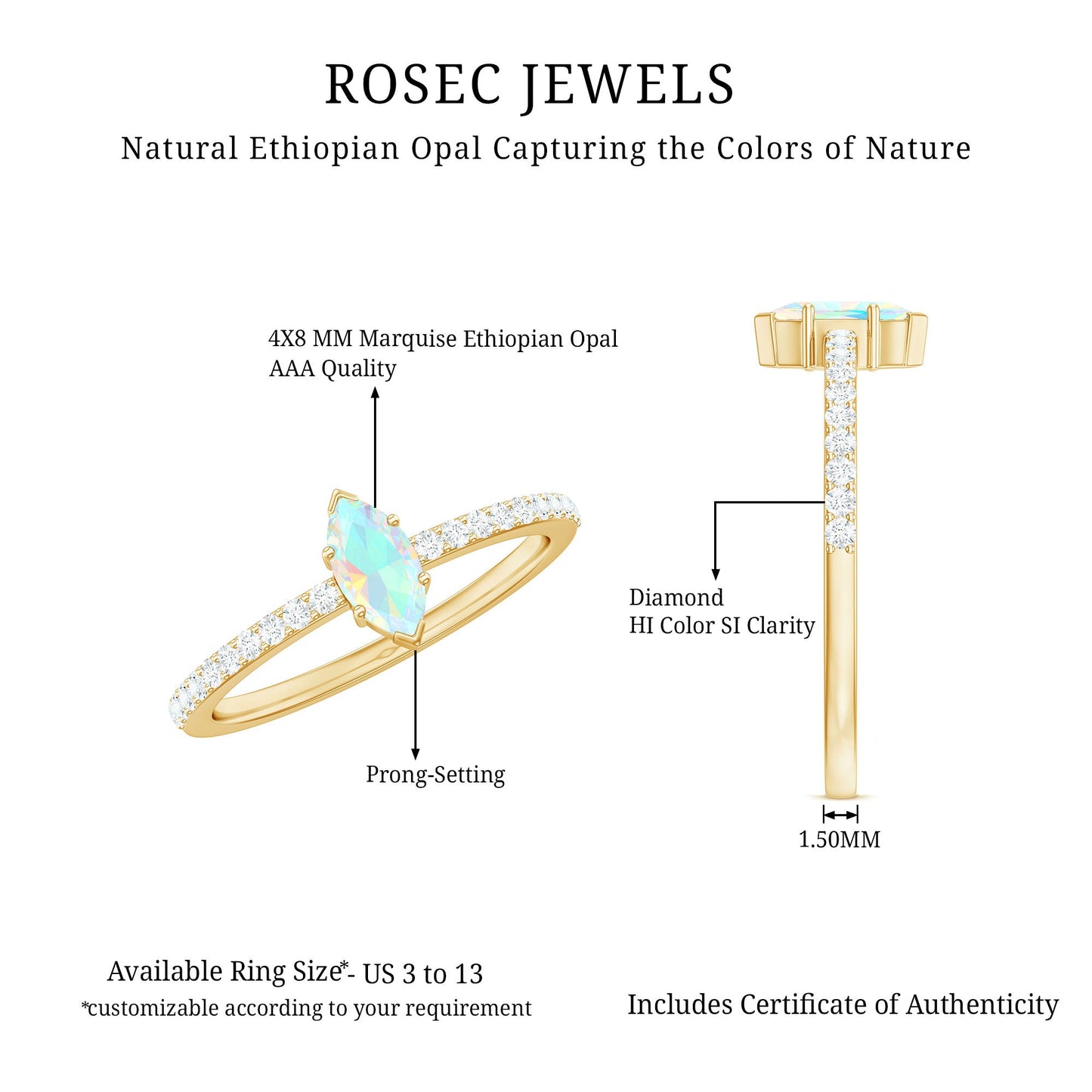 Certified Real Marquise Ethiopian Opal Promise Ring with Diamond