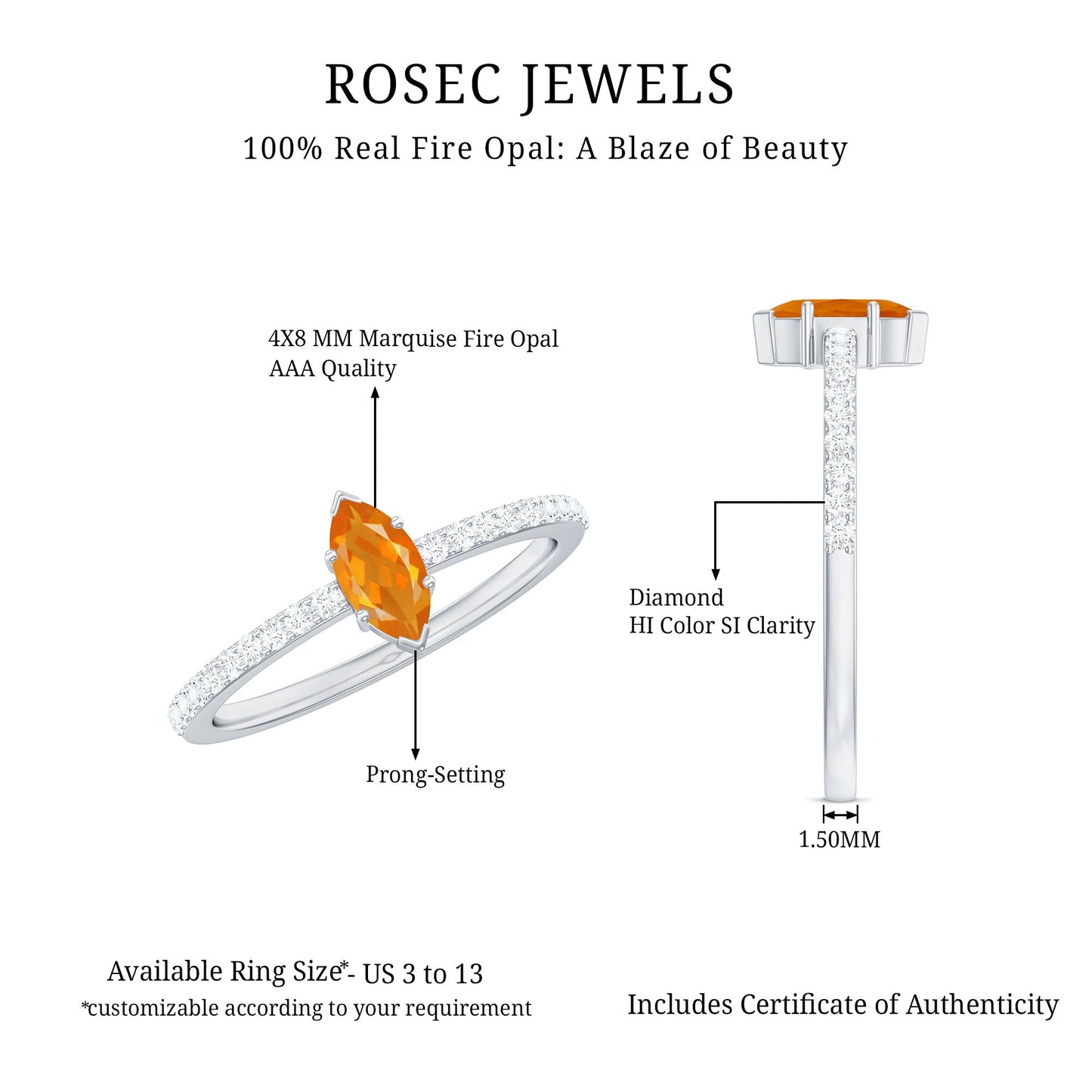 0.3 Carat Fire Opal Marquise Engagement Ring with Diamond