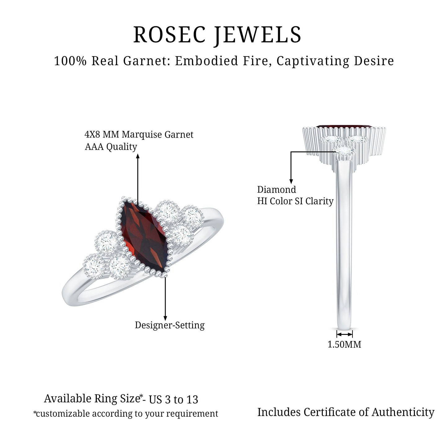 Natural 0.7 Carat Garnet Marquise Engagement Ring with Diamond