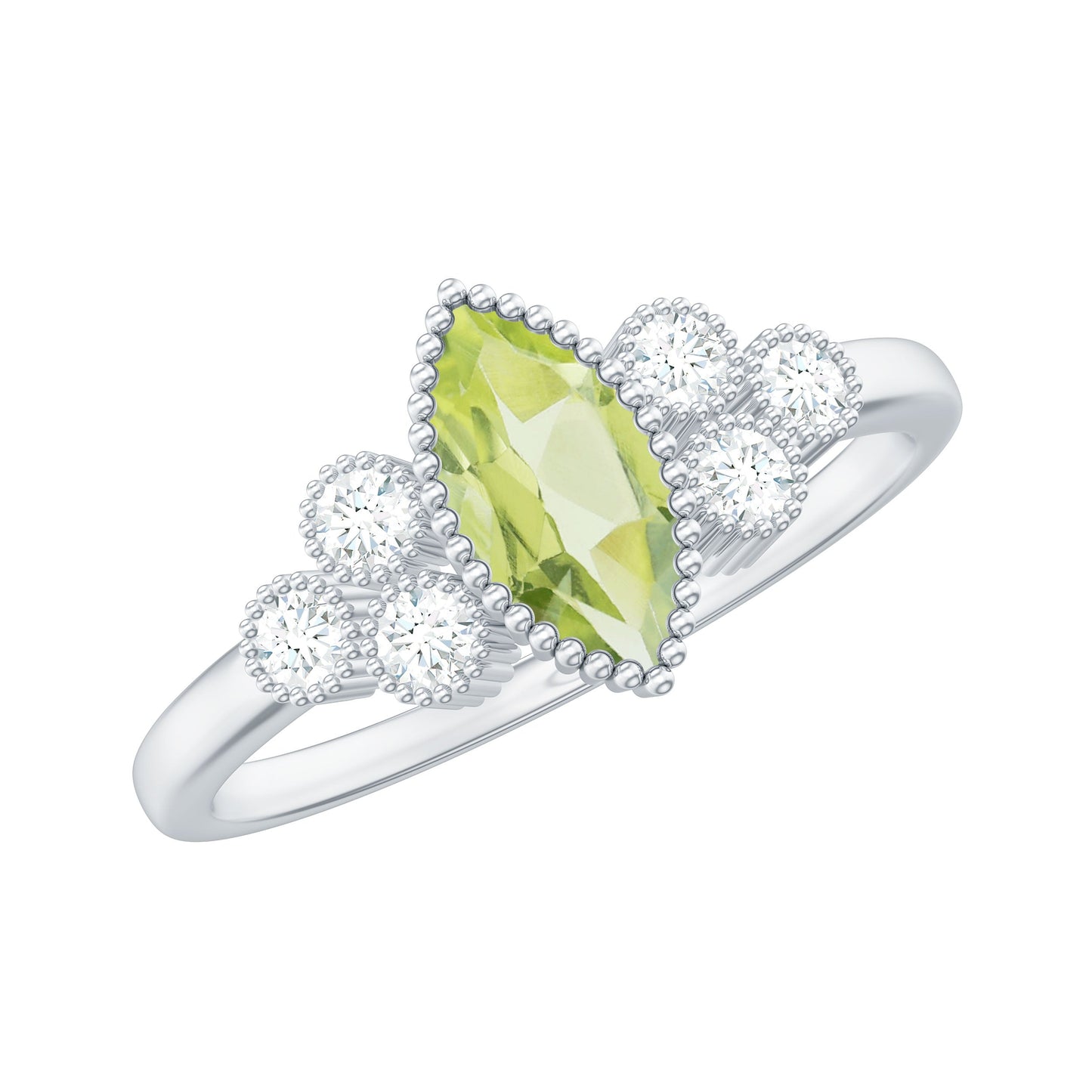 Natural 0.7 Carat Marquise Shape Peridot Engagement Ring with Diamond