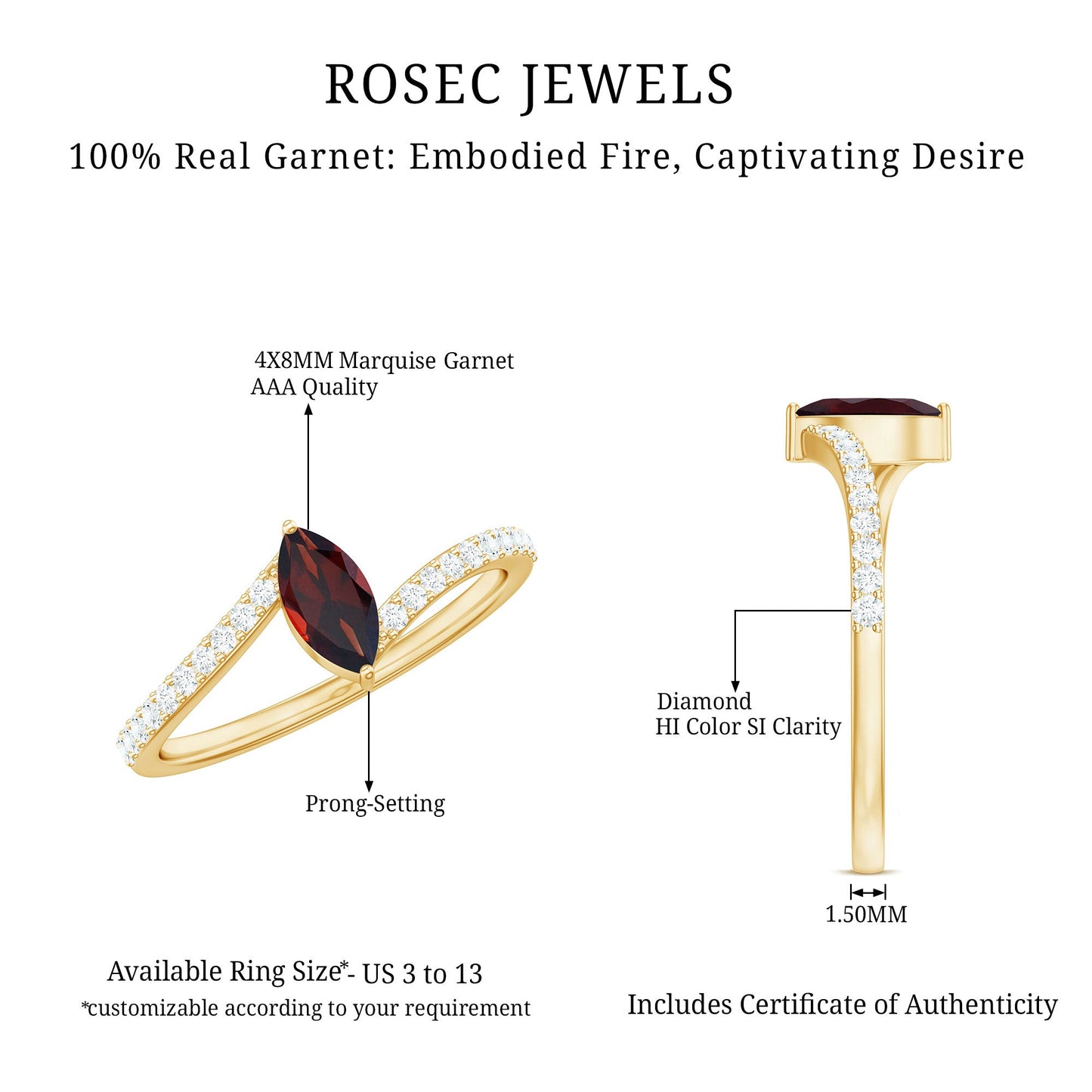 Natural Marquise Garnet Promise Ring with Diamond Bypass Shank