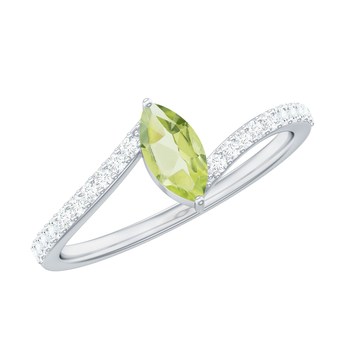 Real 0.7 Carat Peridot Marquise Promise Ring with Diamond Bypass Shank