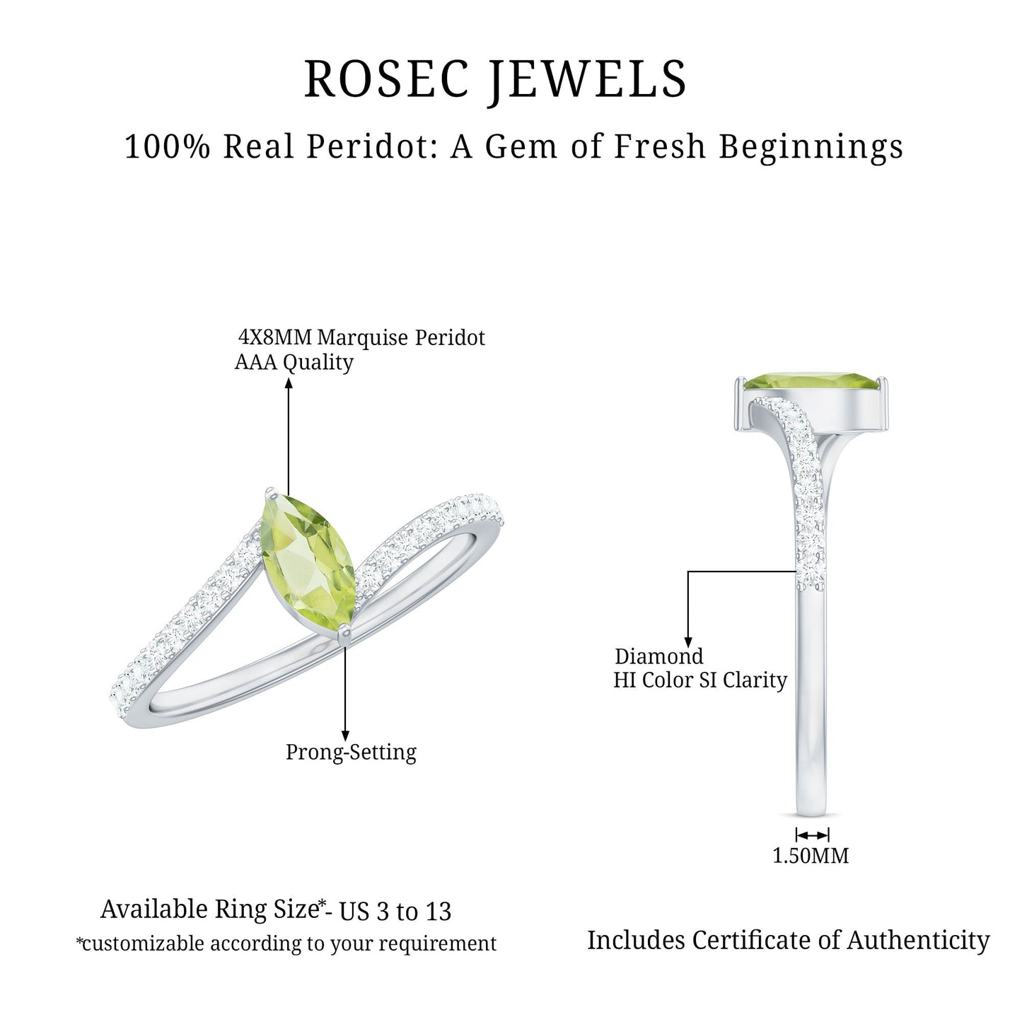 Real 0.7 Carat Peridot Marquise Promise Ring with Diamond Bypass Shank