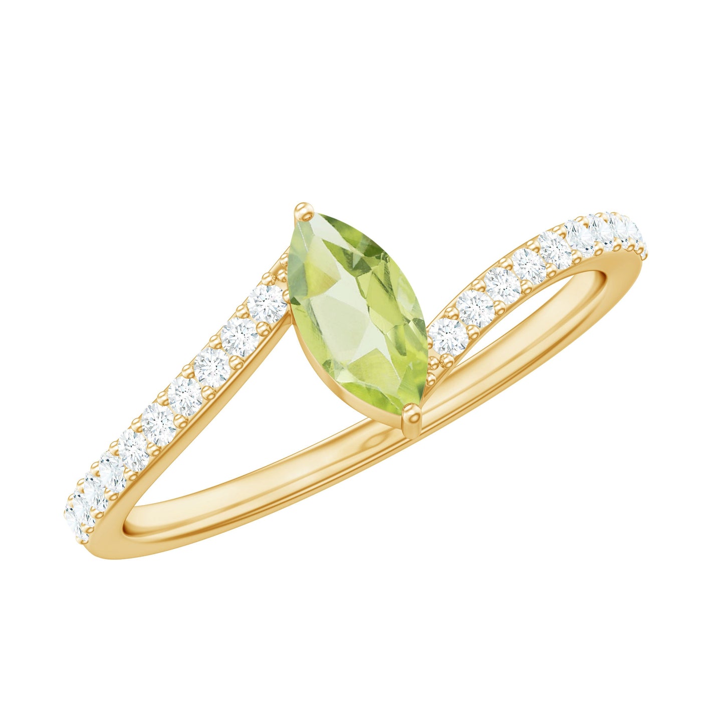 Real 0.7 Carat Peridot Marquise Promise Ring with Diamond Bypass Shank