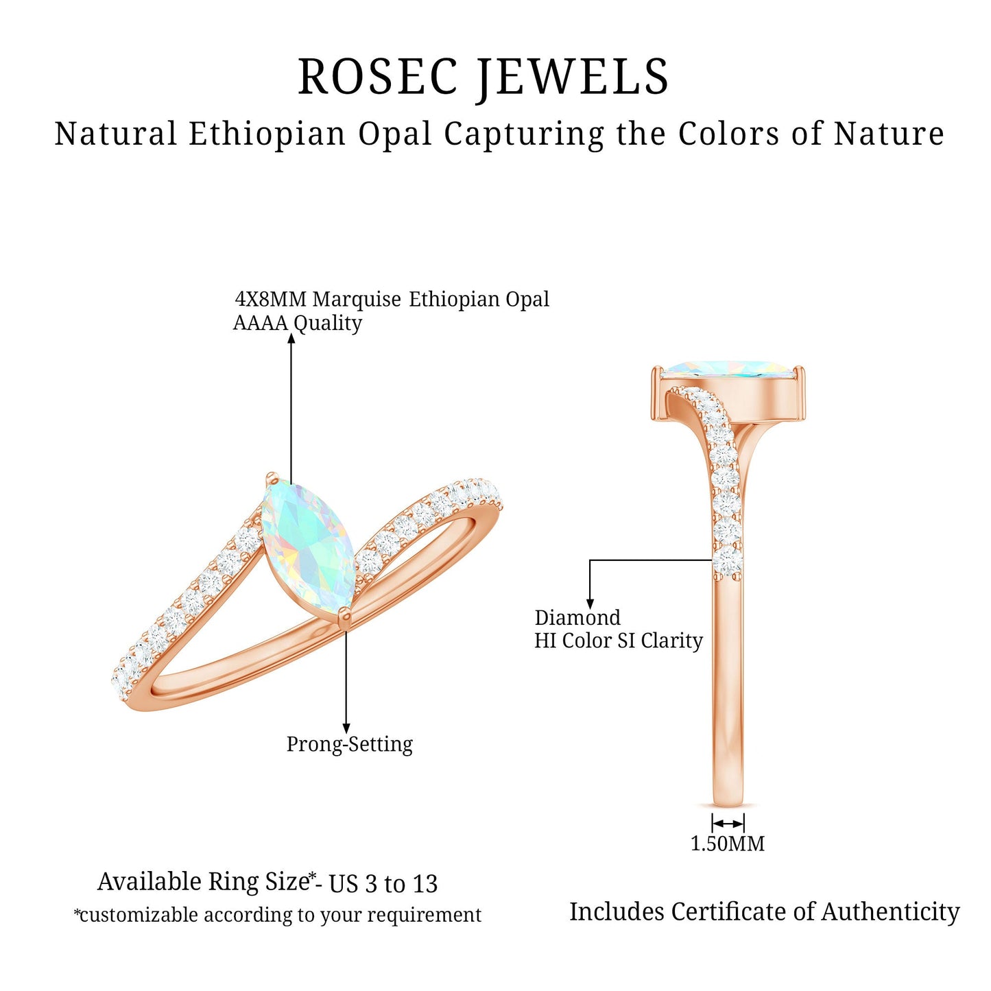 Natural Marquise Ethiopian Opal Diamond Promise Ring with Bypass Shank