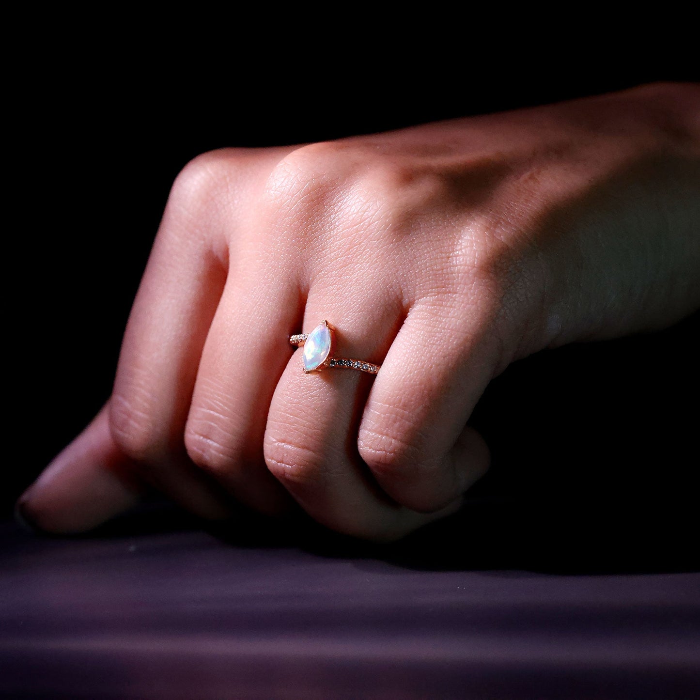 Natural Marquise Ethiopian Opal Diamond Promise Ring with Bypass Shank