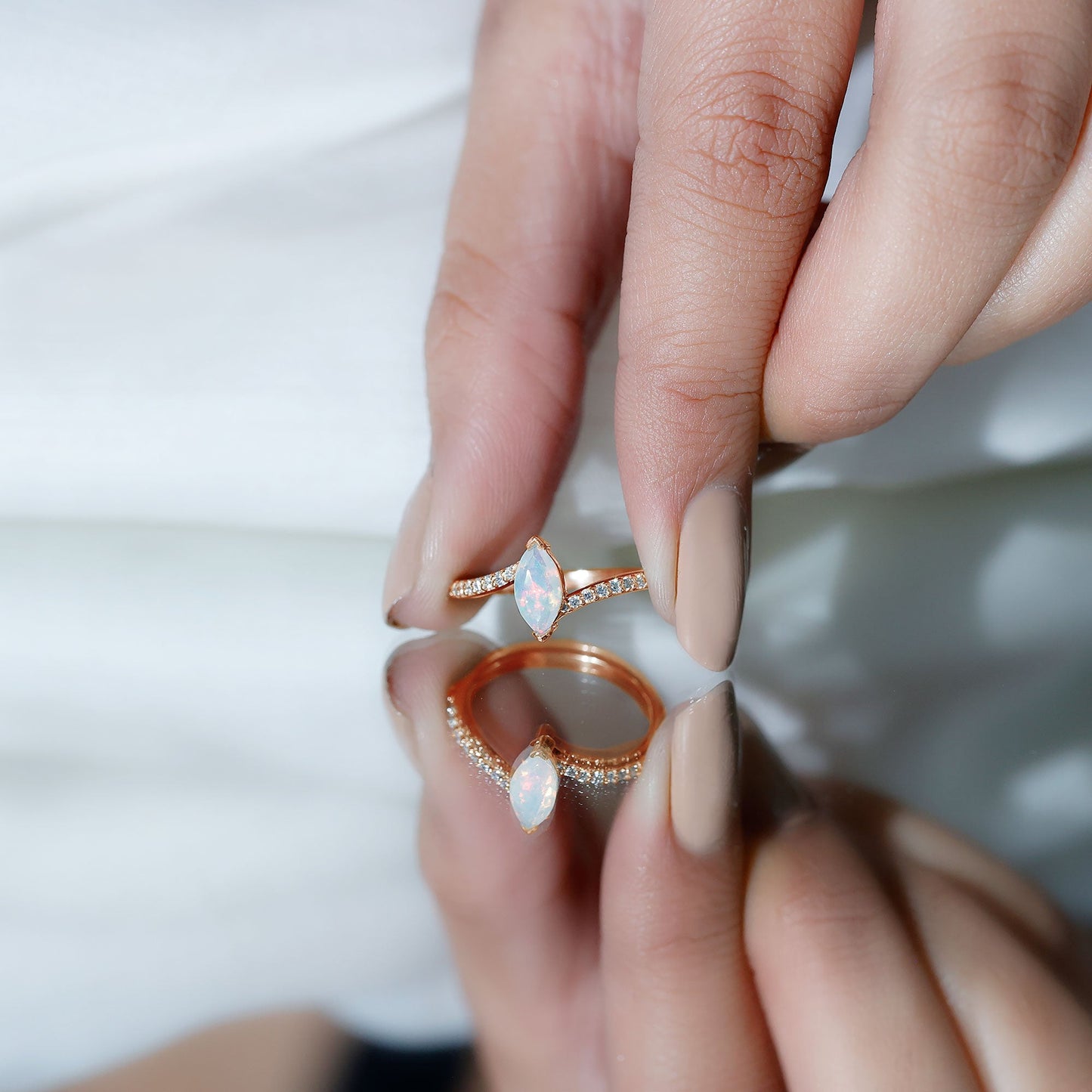 Natural Marquise Ethiopian Opal Diamond Promise Ring with Bypass Shank