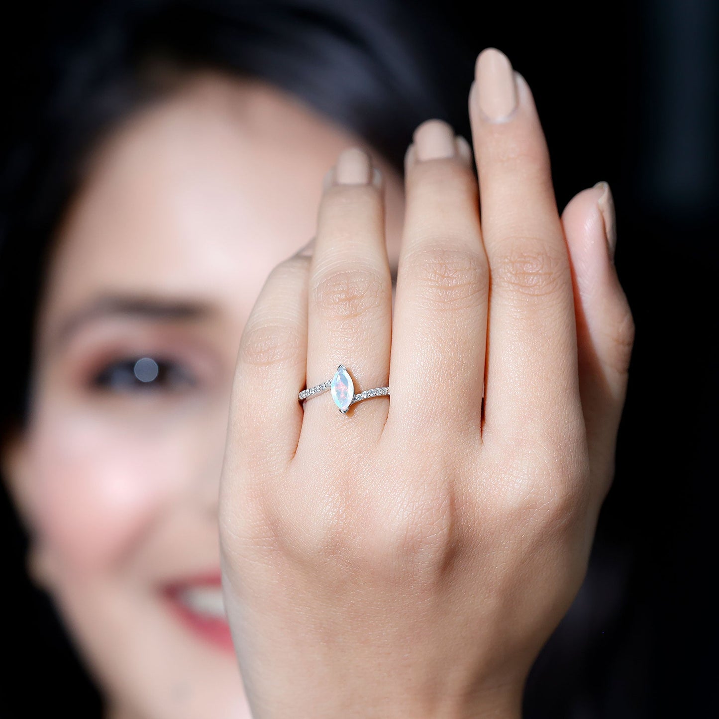 Natural Marquise Ethiopian Opal Diamond Promise Ring with Bypass Shank