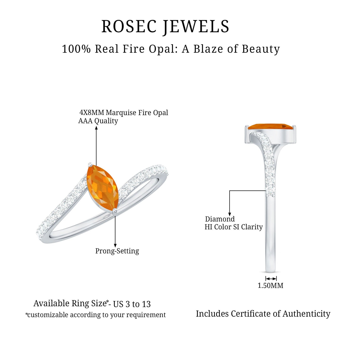 Bypass Engagement Ring with 0.3 Carat Fire Opal and Diamond
