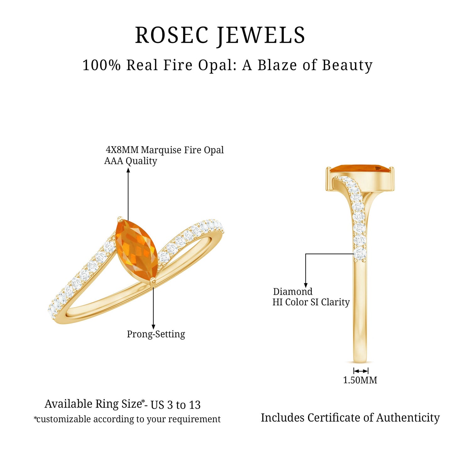 Bypass Engagement Ring with 0.3 Carat Fire Opal and Diamond