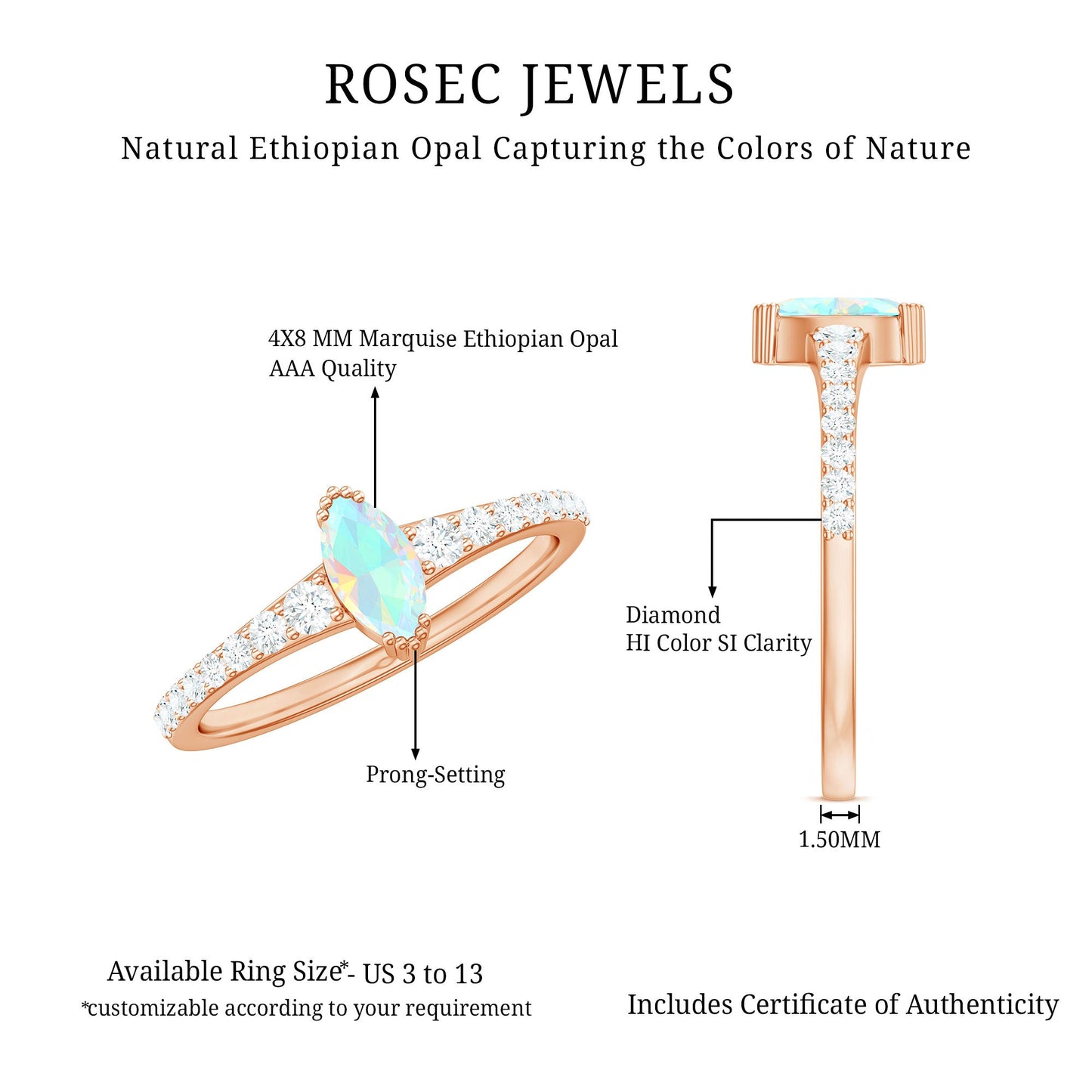 Certified Marquise Opalescent Promise Ring with Real Diamond
