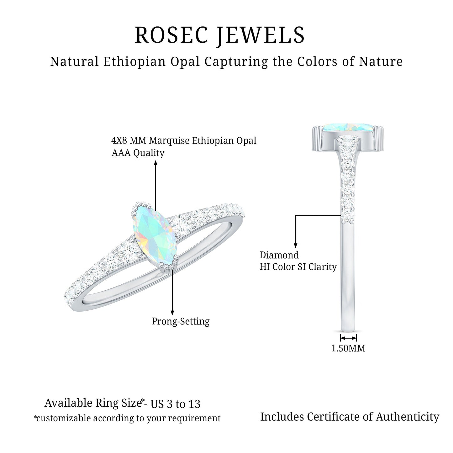 Certified Marquise Opalescent Promise Ring with Real Diamond