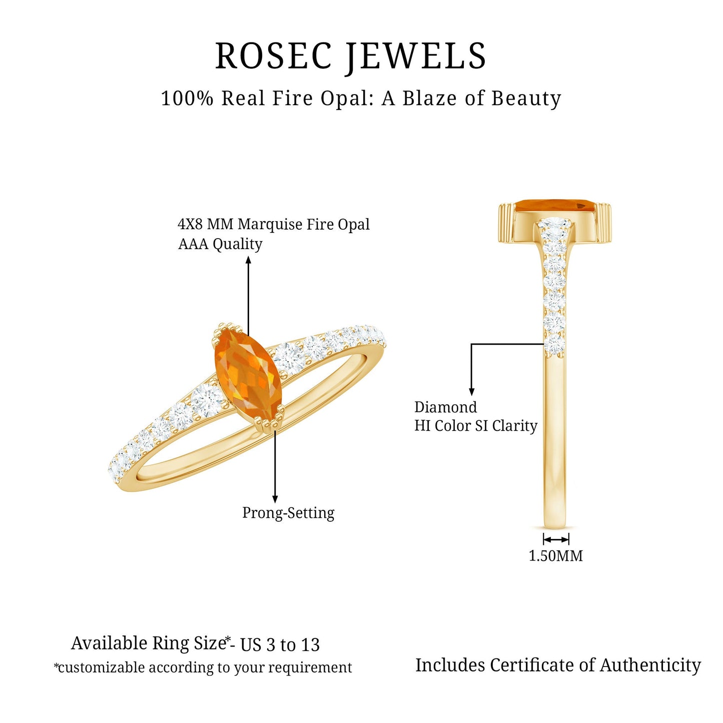 0.3 Carat Marquise Fire Opal Engagement Ring with Diamond