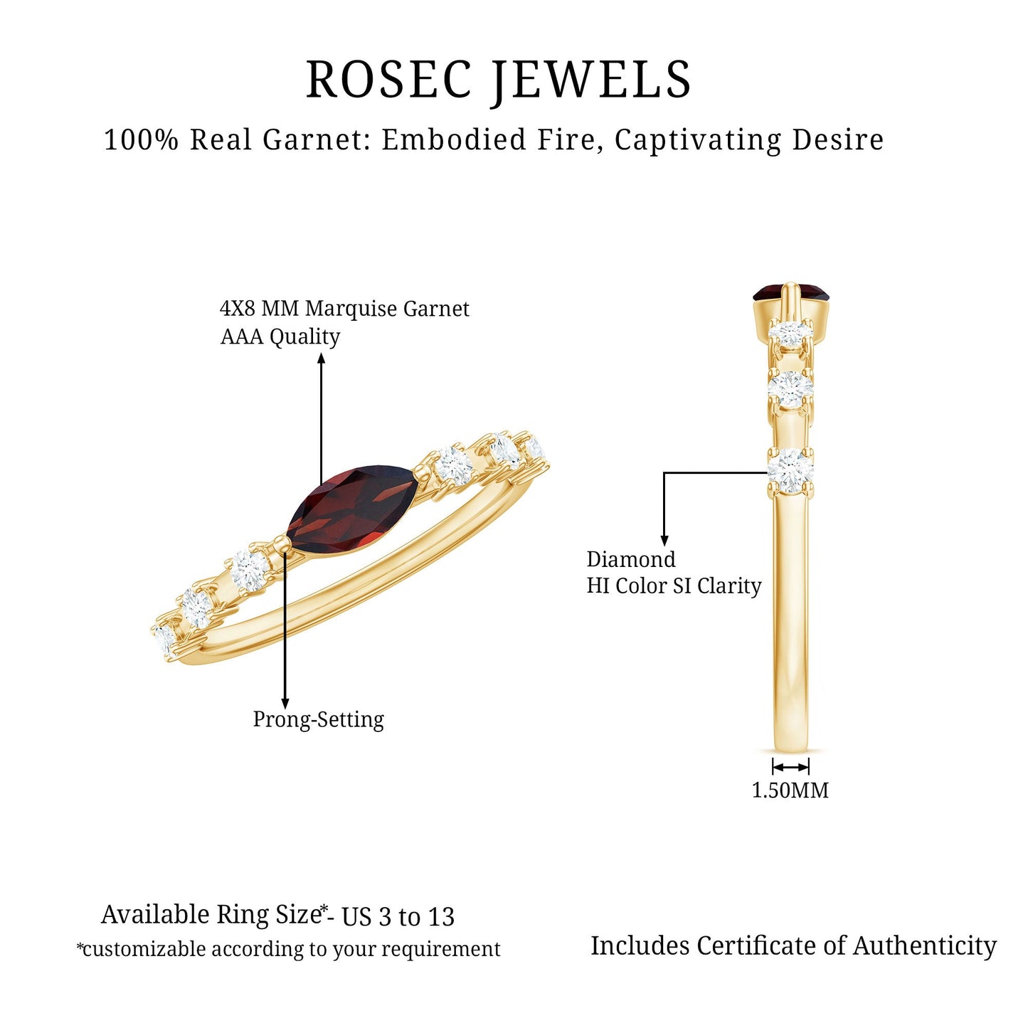Natural Marquise Garnet Diamond Promise Ring in East West Style