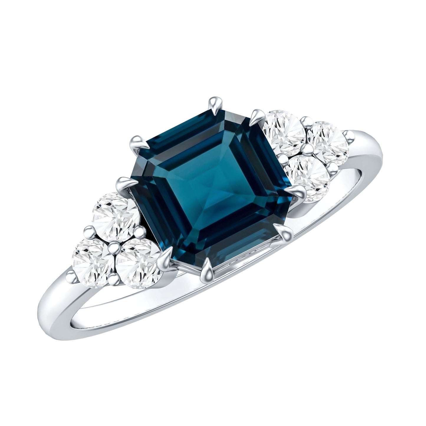 Asscher Cut London Blue Topaz Solitaire Engagement Ring with Diamond Trio