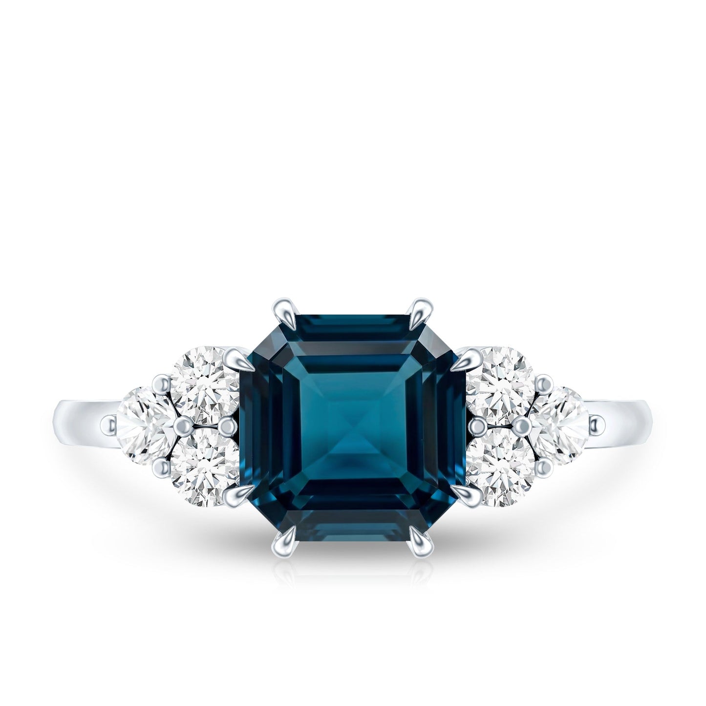 Asscher Cut London Blue Topaz Solitaire Engagement Ring with Diamond Trio