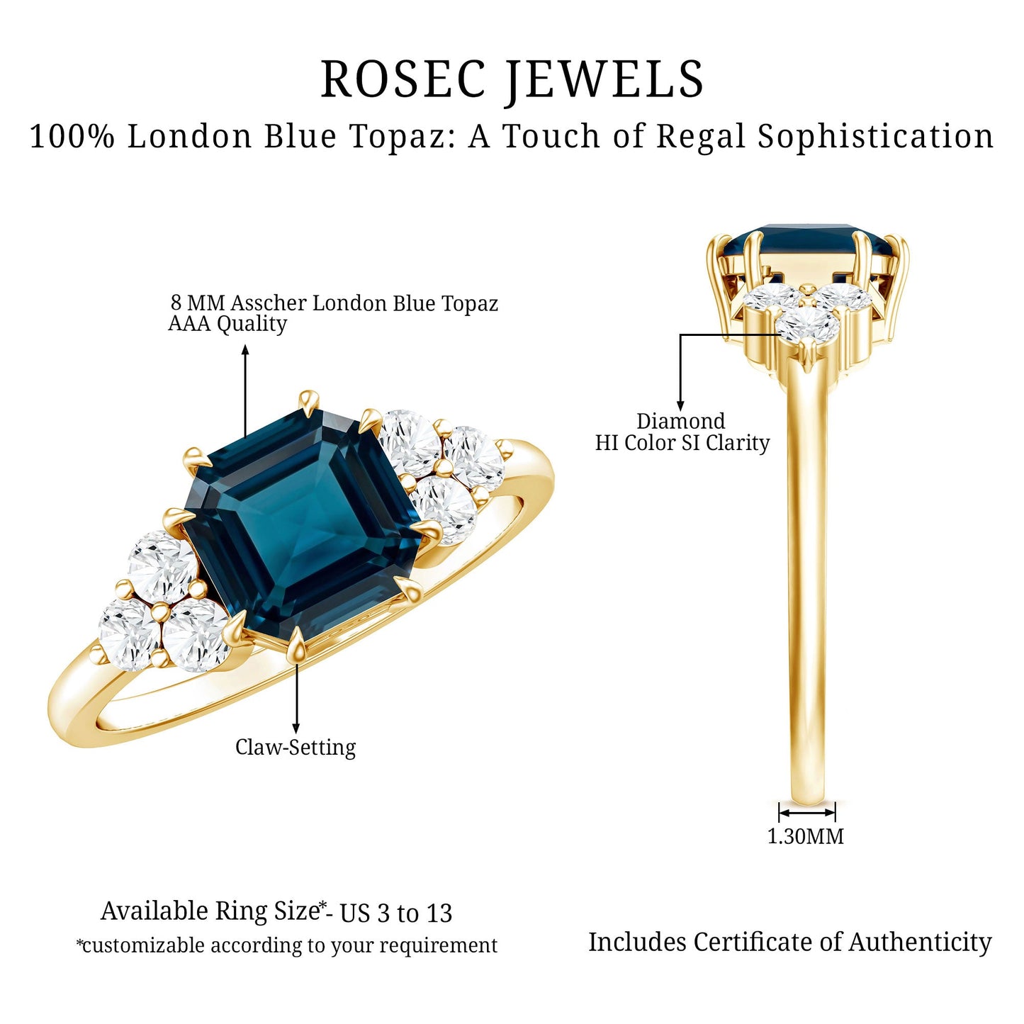 Asscher Cut London Blue Topaz Solitaire Engagement Ring with Diamond Trio