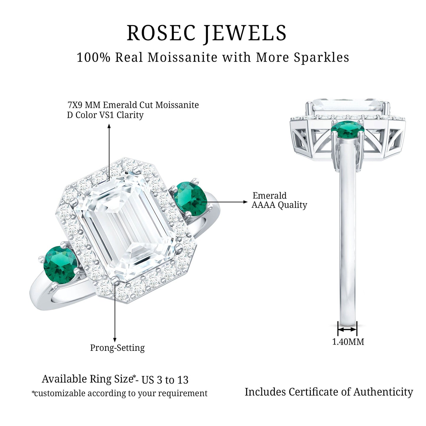 Certified 2.8 Carat Moissanite Emerald Cut Engagement Ring with Emerald
