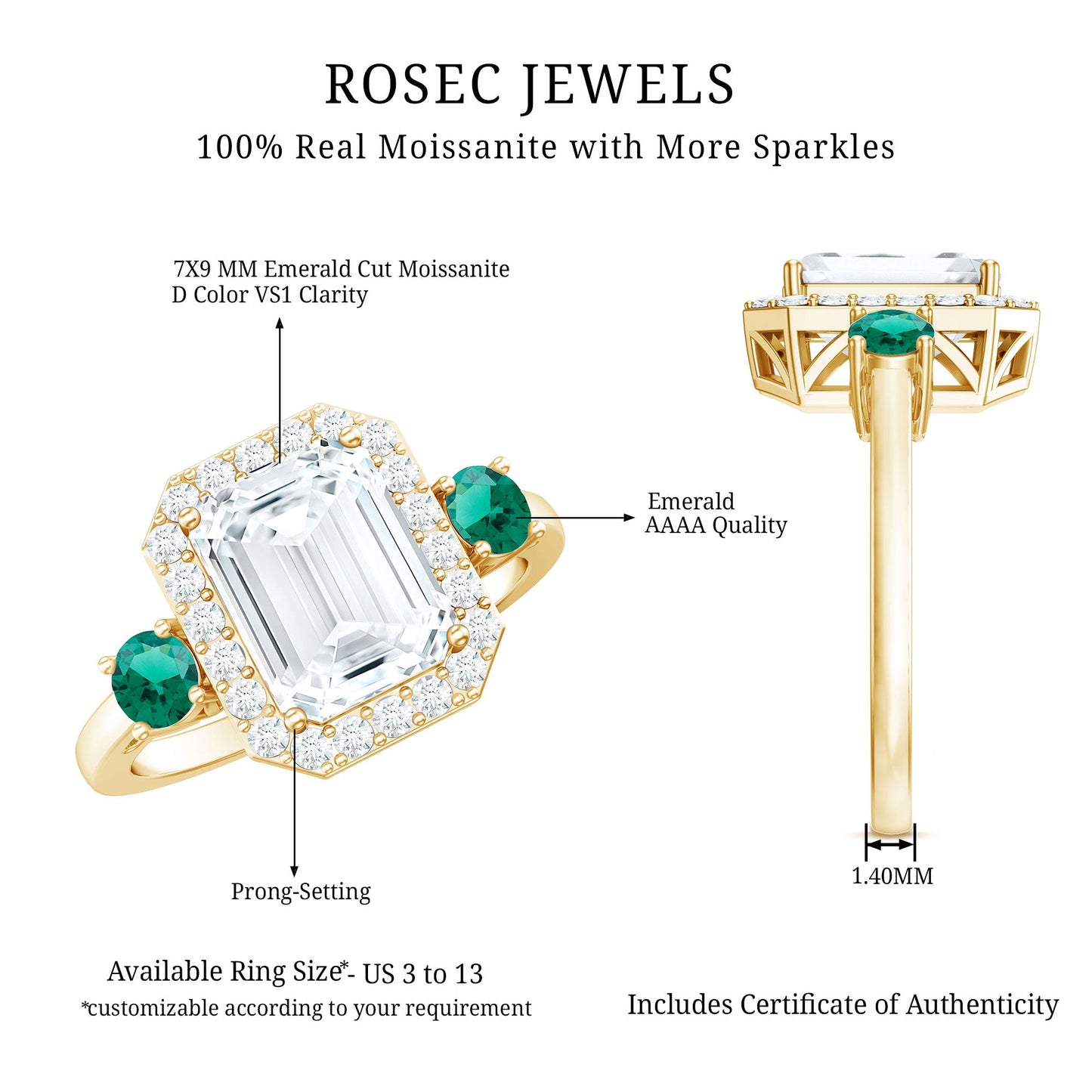 Certified 2.8 Carat Moissanite Emerald Cut Engagement Ring with Emerald