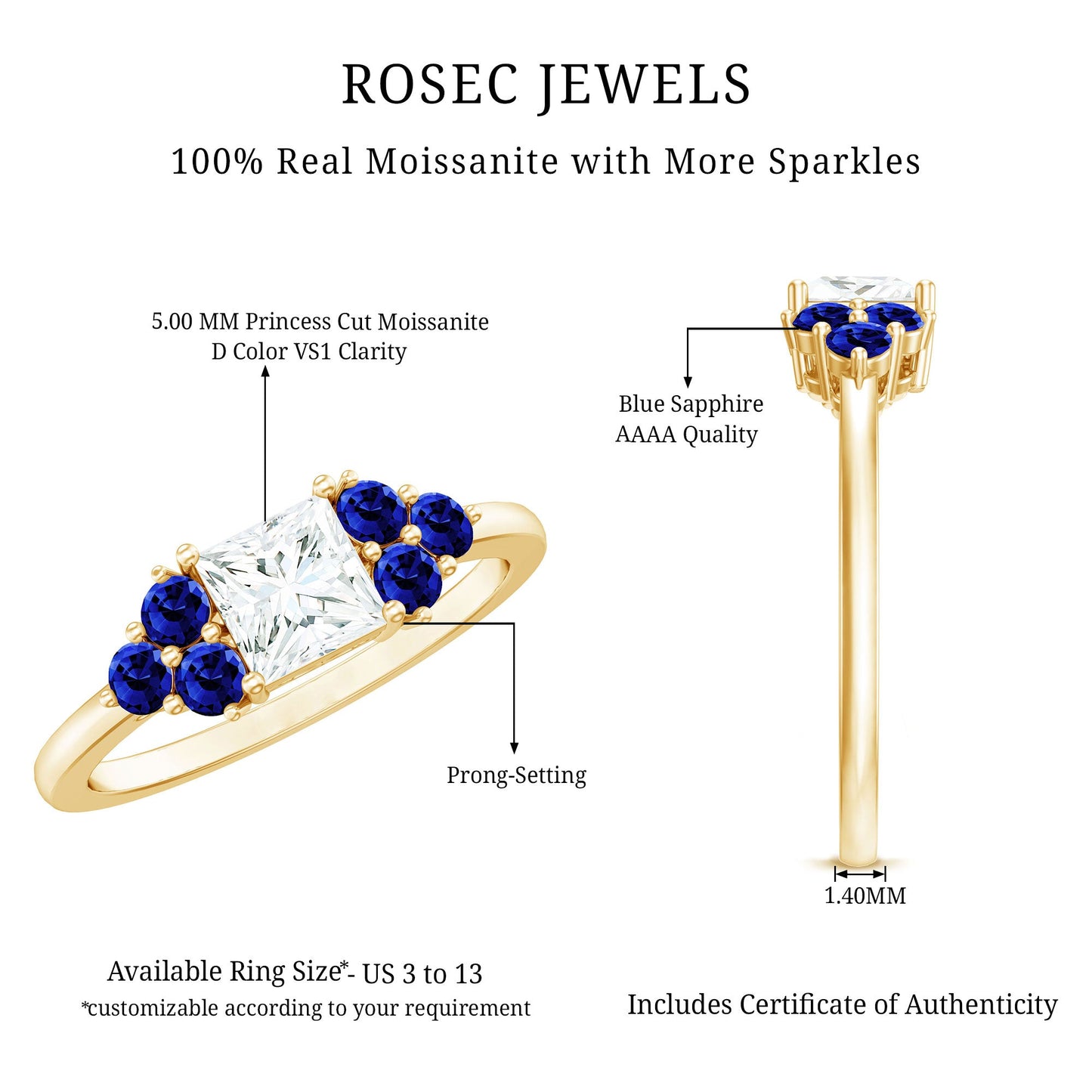 Moissanite Princess Cut Engagement Ring With Lab Grown Blue Sapphire