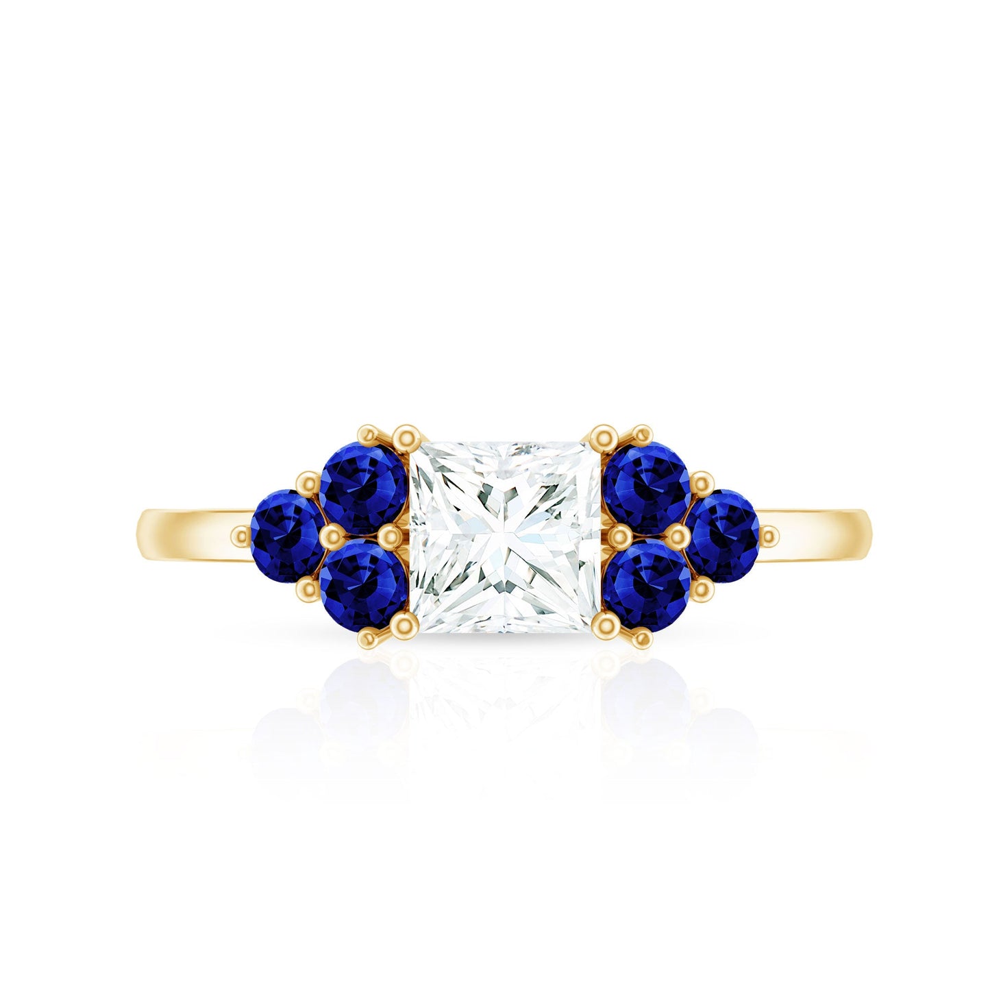 Moissanite Princess Cut Engagement Ring With Lab Grown Blue Sapphire