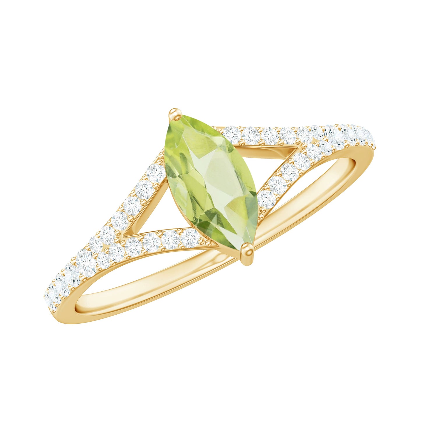 Natural 0.7 Carat Marquise Shape Peridot Promise Ring with Diamond Split Shank