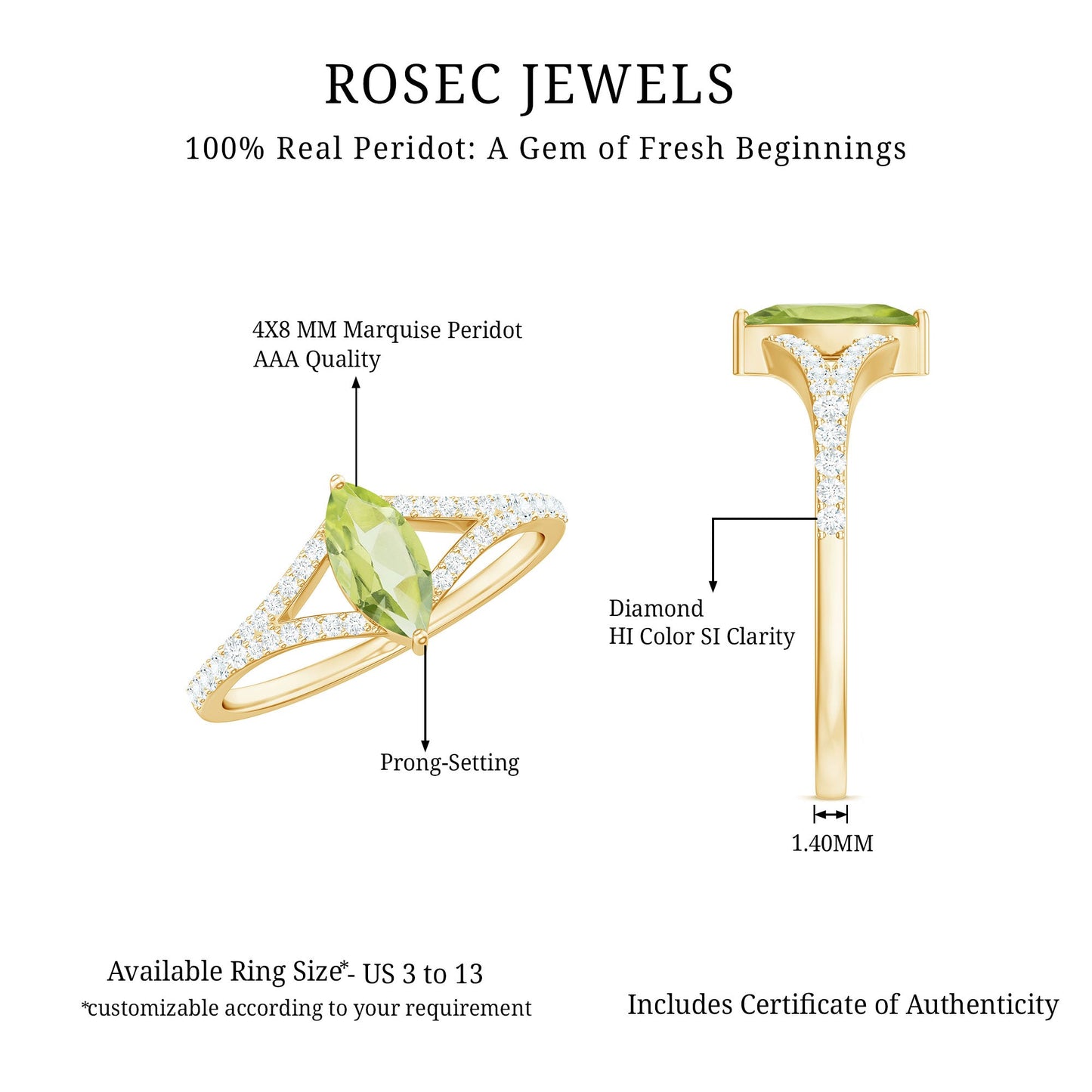 Natural 0.7 Carat Marquise Shape Peridot Promise Ring with Diamond Split Shank