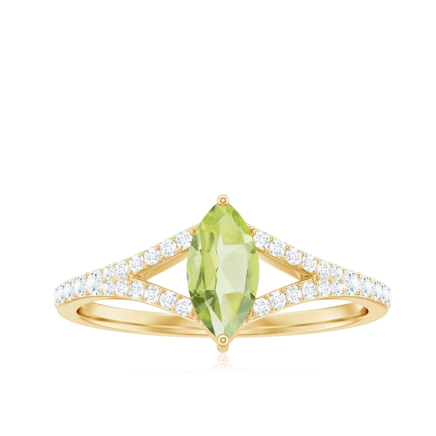 Natural 0.7 Carat Marquise Shape Peridot Promise Ring with Diamond Split Shank