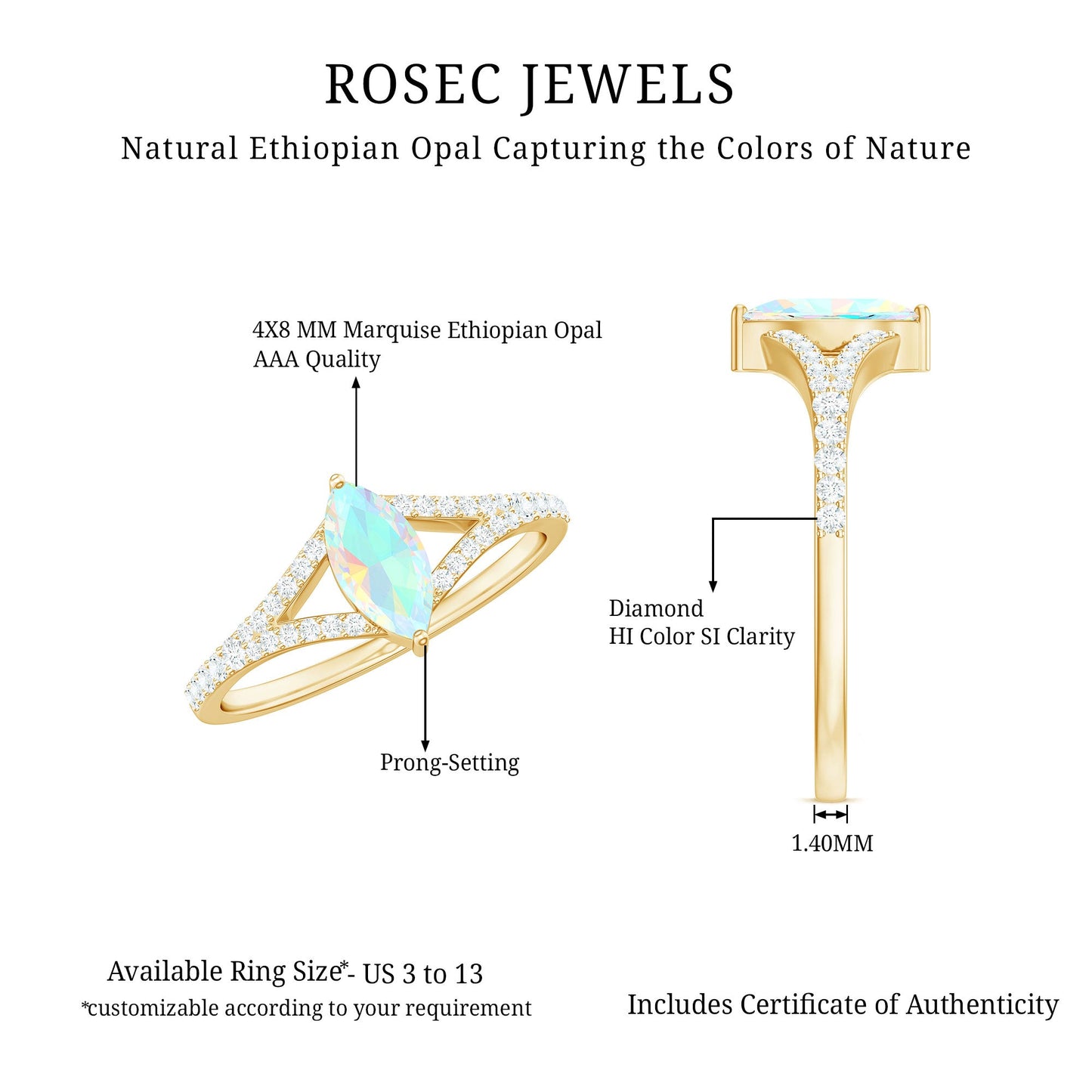 Natural Opal Marquise Engagement Ring with Diamond Split Shank