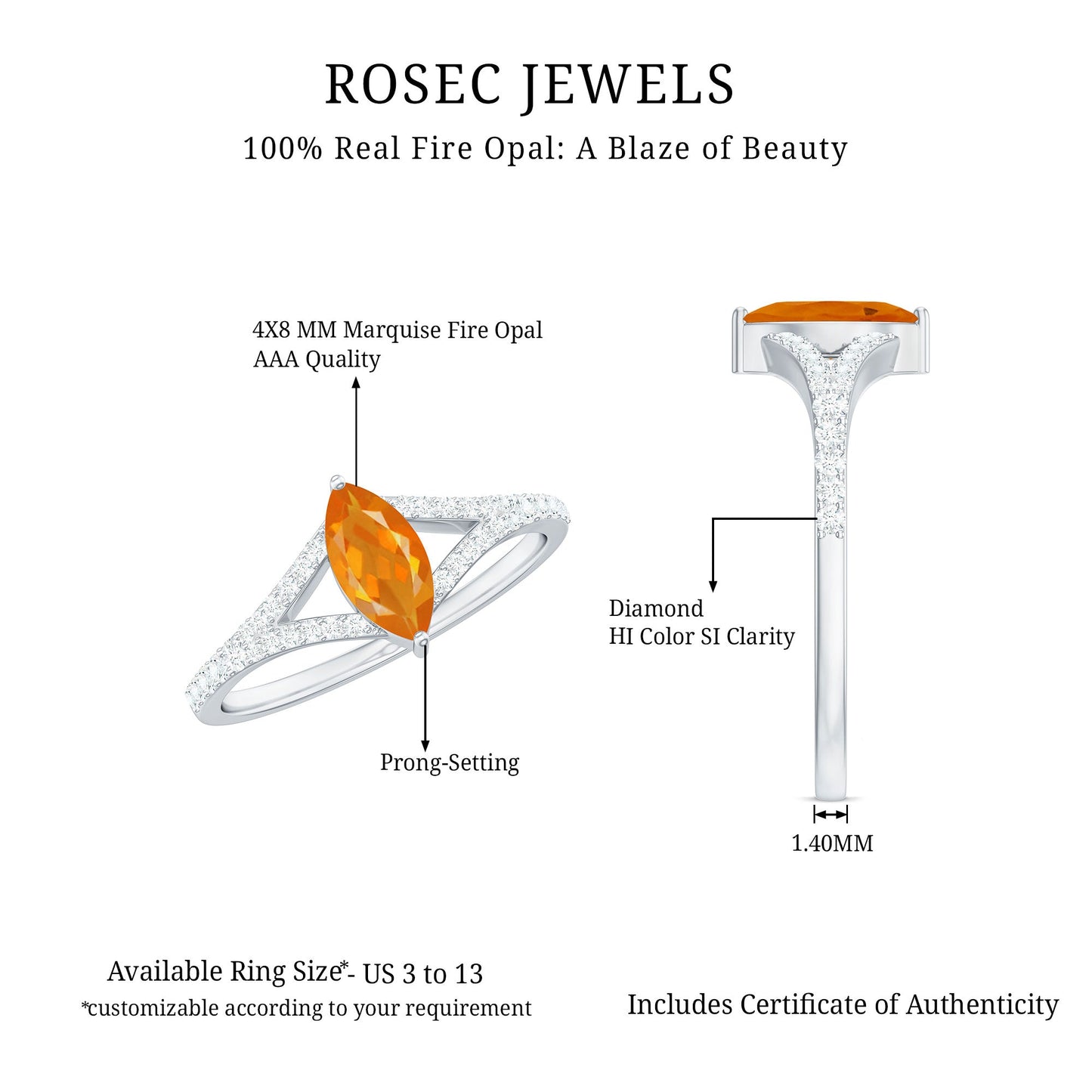 Marquise Fire Opal Split Shank Engagement Ring with Diamond