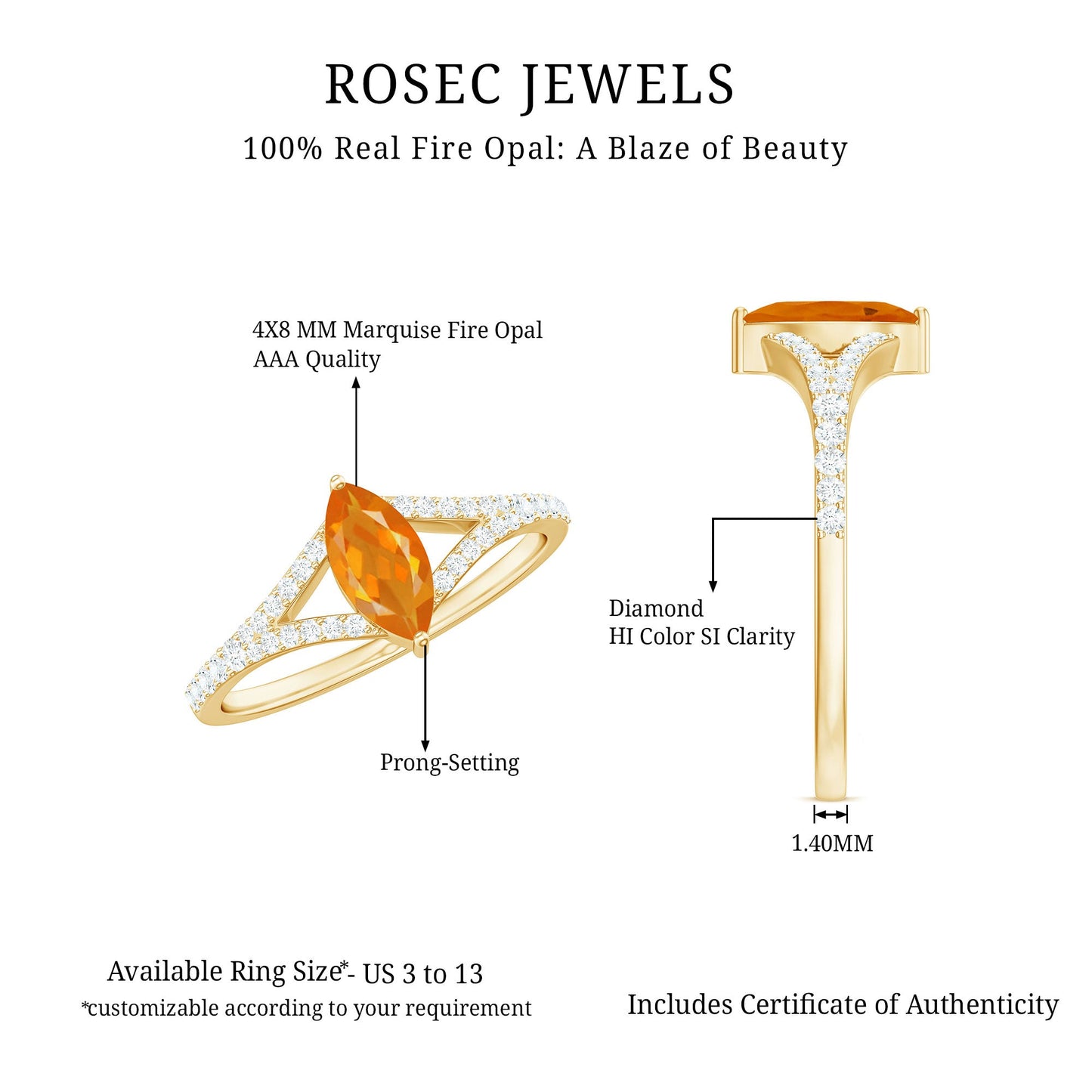 Marquise Fire Opal Split Shank Engagement Ring with Diamond