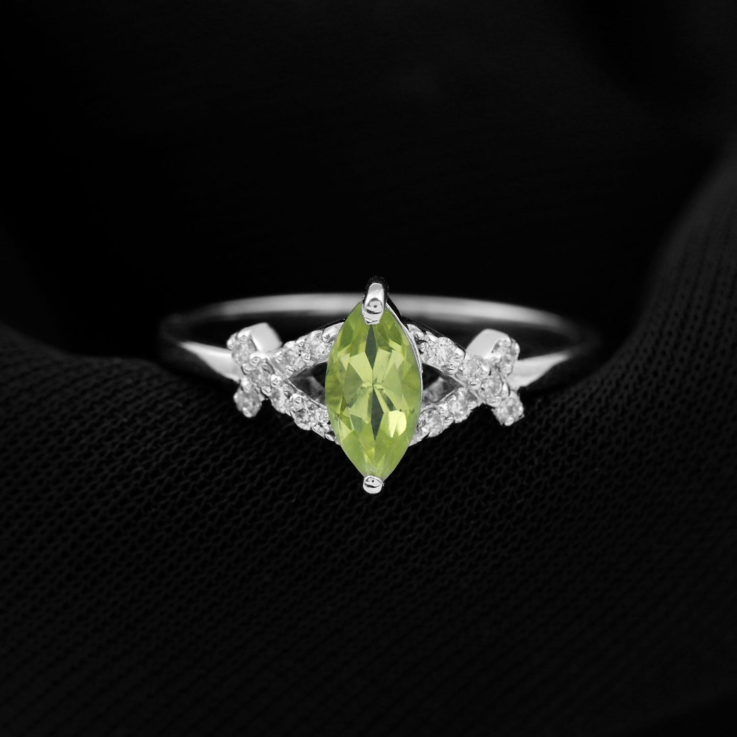Certified Real 0.7 Carat Marquise Peridot Promise Ring with Diamond