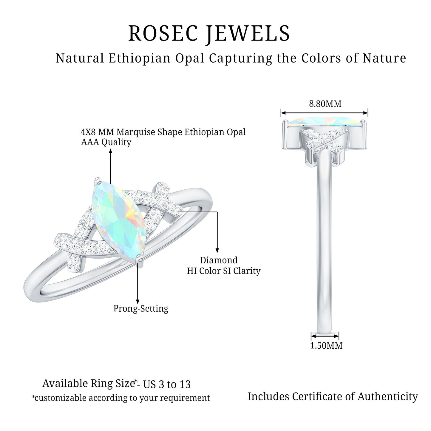 Natural Marquise Opal Diamond Engagement Ring with Certificate