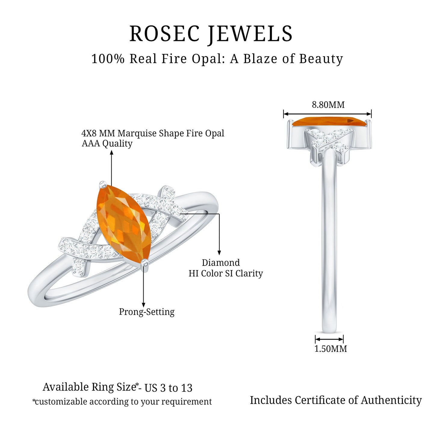 0.3 Carat Fire Opal Marquise Solitaire Ring with Diamond