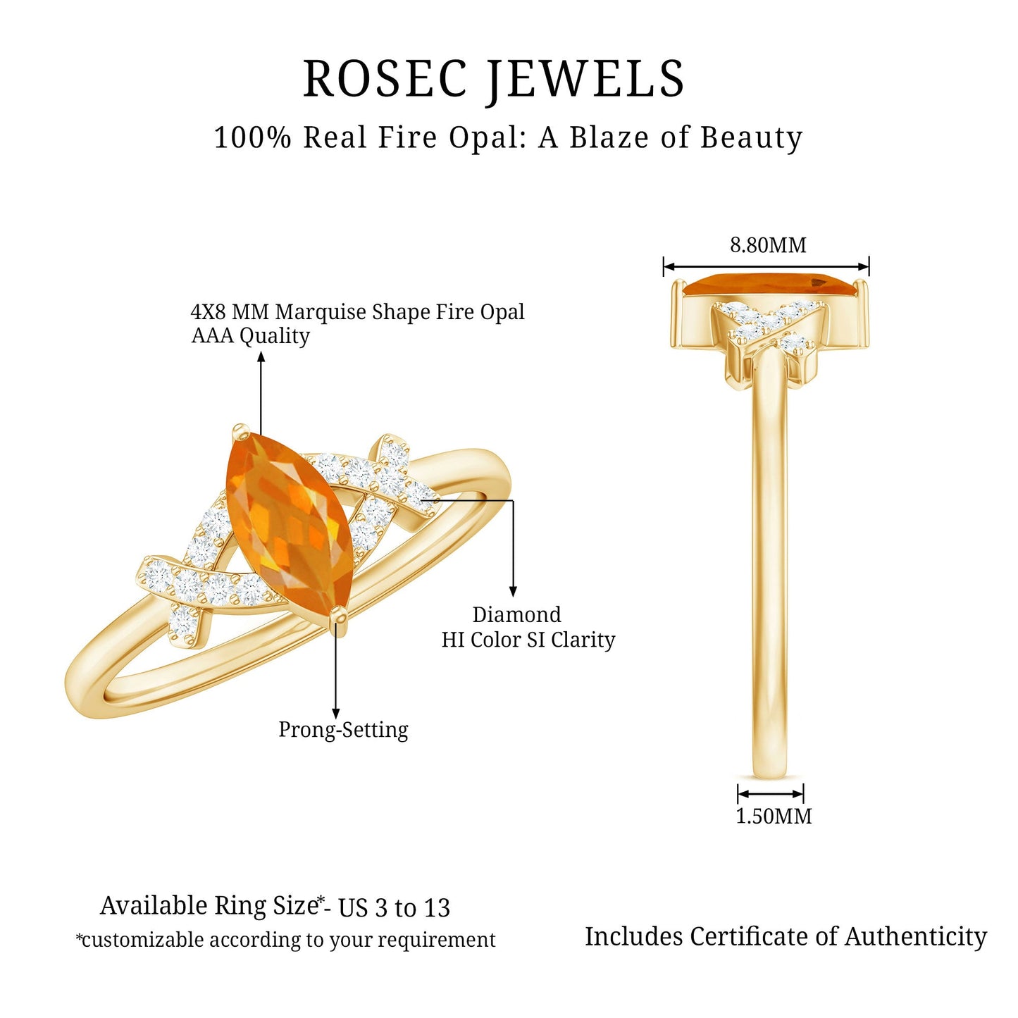 0.3 Carat Fire Opal Marquise Solitaire Ring with Diamond
